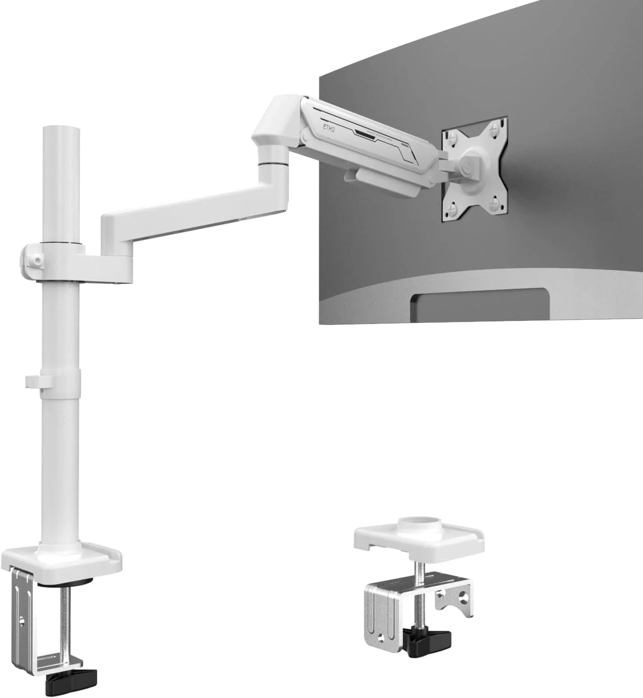پایه مانیتور فنری گازی ETHU PC با بازوی توسعه دهنده برای صفحه نمایش های 13-32 اینچی VESA 75x75/100x100mm، گیره/حلقه مونتاژ 2 طرفه، ظرفیت تا 9 کیلوگرم، تنظیم چند زاویه ارگونومیک، تک بازو، سفید