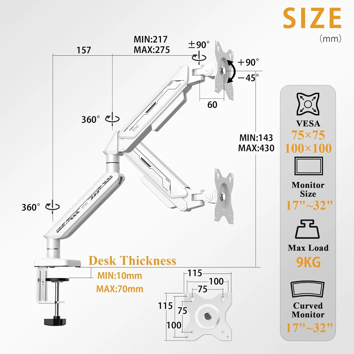 بازوی مانیتور تکی ETHU، پایه مانیتور فنری گازی قابل تنظیم برای مانیتورهای 13-32 اینچی تا 9 کیلوگرم، پایه مانیتور کامپیوتر با حرکت کامل، بازوی نمایشگر LED/LCD با الگوی VESA 75x75/100x100 تک بازویی سفید بازوی مانیتور تکی ETHU، پایه مانیتور فنری گازی قابل تنظیم برای مانیتورهای 13-32 اینچی تا 9 کیلوگرم، پایه مانیتور کامپیوتر با حرکت کامل، بازوی نمایشگر LED/LCD با الگوی VESA 75x75/100x100 تک بازویی سفید