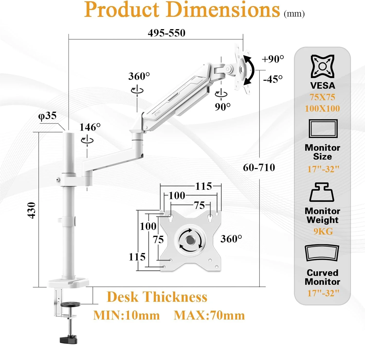 پایه مانیتور فنری گازی ETHU PC با بازوی توسعه دهنده برای صفحه نمایش های 13-32 اینچی VESA 75x75/100x100mm، گیره/حلقه مونتاژ 2 طرفه، ظرفیت تا 9 کیلوگرم، تنظیم چند زاویه ارگونومیک، تک بازو، سفید