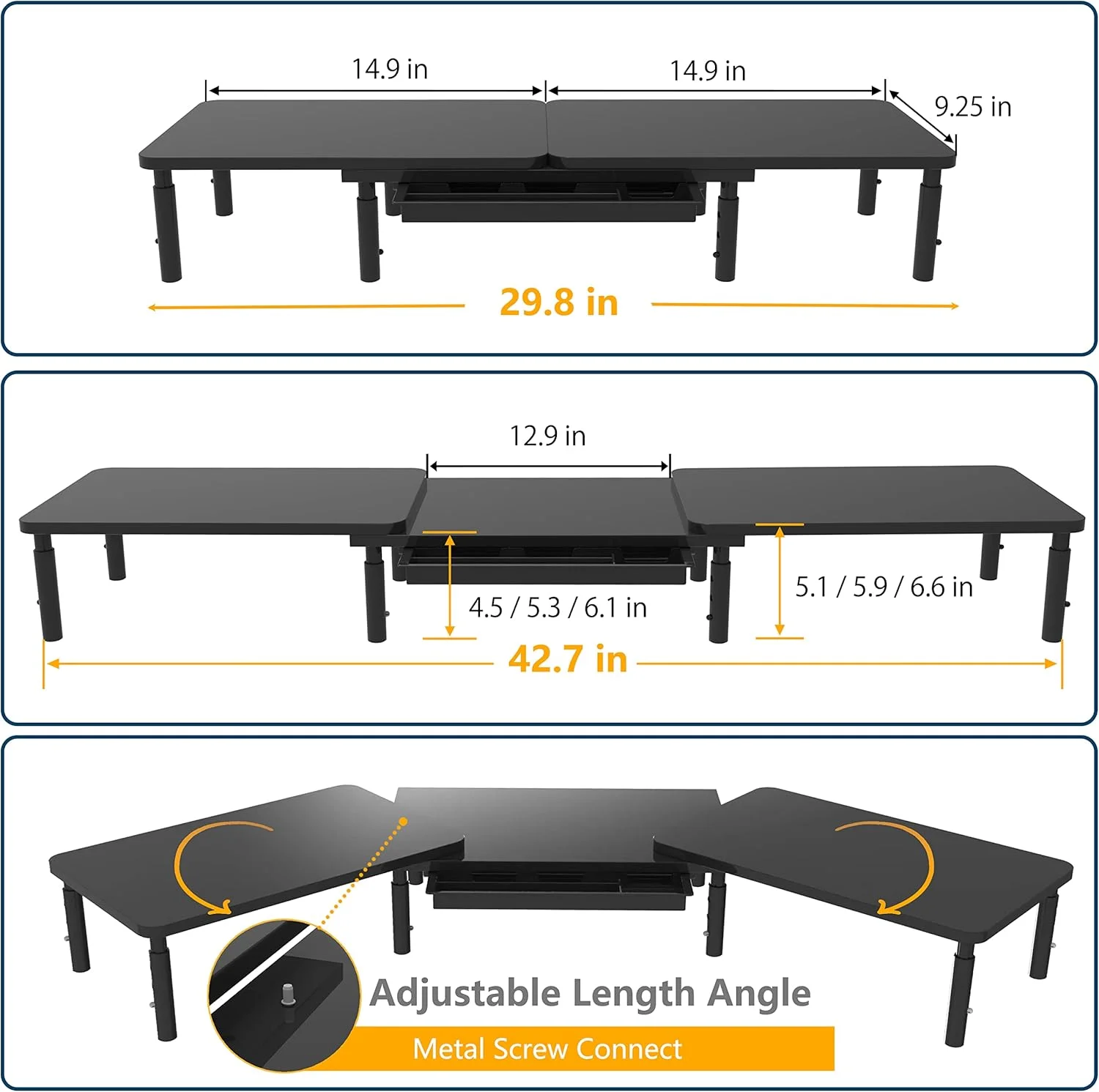 پایه دو مانیتوره اِتو، پایه مانیتور دوتایی برای کامپیوتر، لپتاپ و پرینتر، با ۳ طبقه قابل تنظیم از نظر طول و زاویه، سازماندهنده رومیزی با نگهدارنده تلفن و کشو، لوازم جانبی اداری مشکی پایه دو مانیتوره اِتو، پایه مانیتور دوتایی برای کامپیوتر، لپتاپ و پرینتر، با ۳ طبقه قابل تنظیم از نظر طول و زاویه، سازماندهنده رومیزی با نگهدارنده تلفن و کشو، لوازم جانبی اداری مشکی