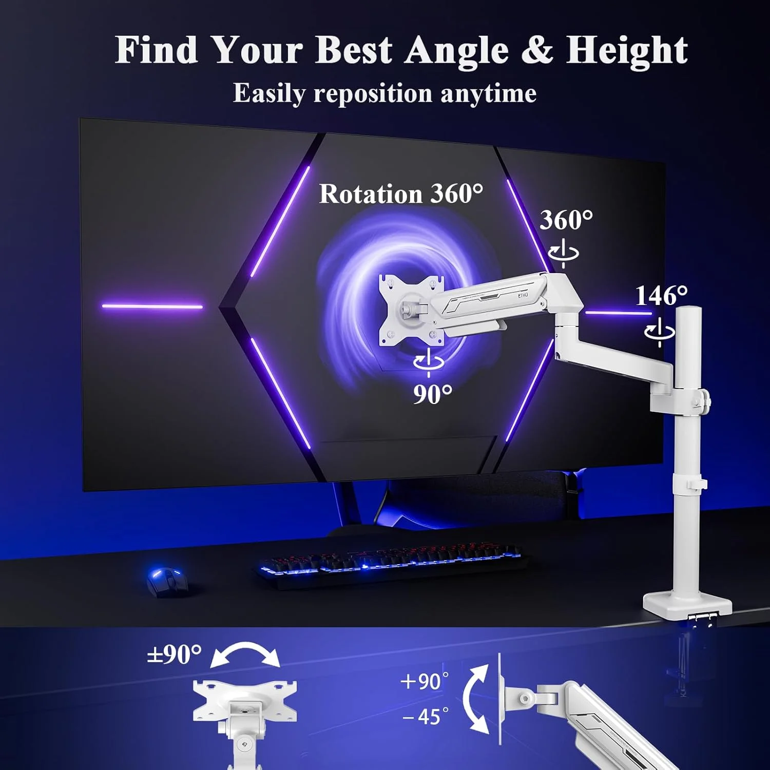 پایه مانیتور فنری گازی ETHU PC با بازوی توسعه دهنده برای صفحه نمایش های 13-32 اینچی VESA 75x75/100x100mm، گیره/حلقه مونتاژ 2 طرفه، ظرفیت تا 9 کیلوگرم، تنظیم چند زاویه ارگونومیک، تک بازو، سفید