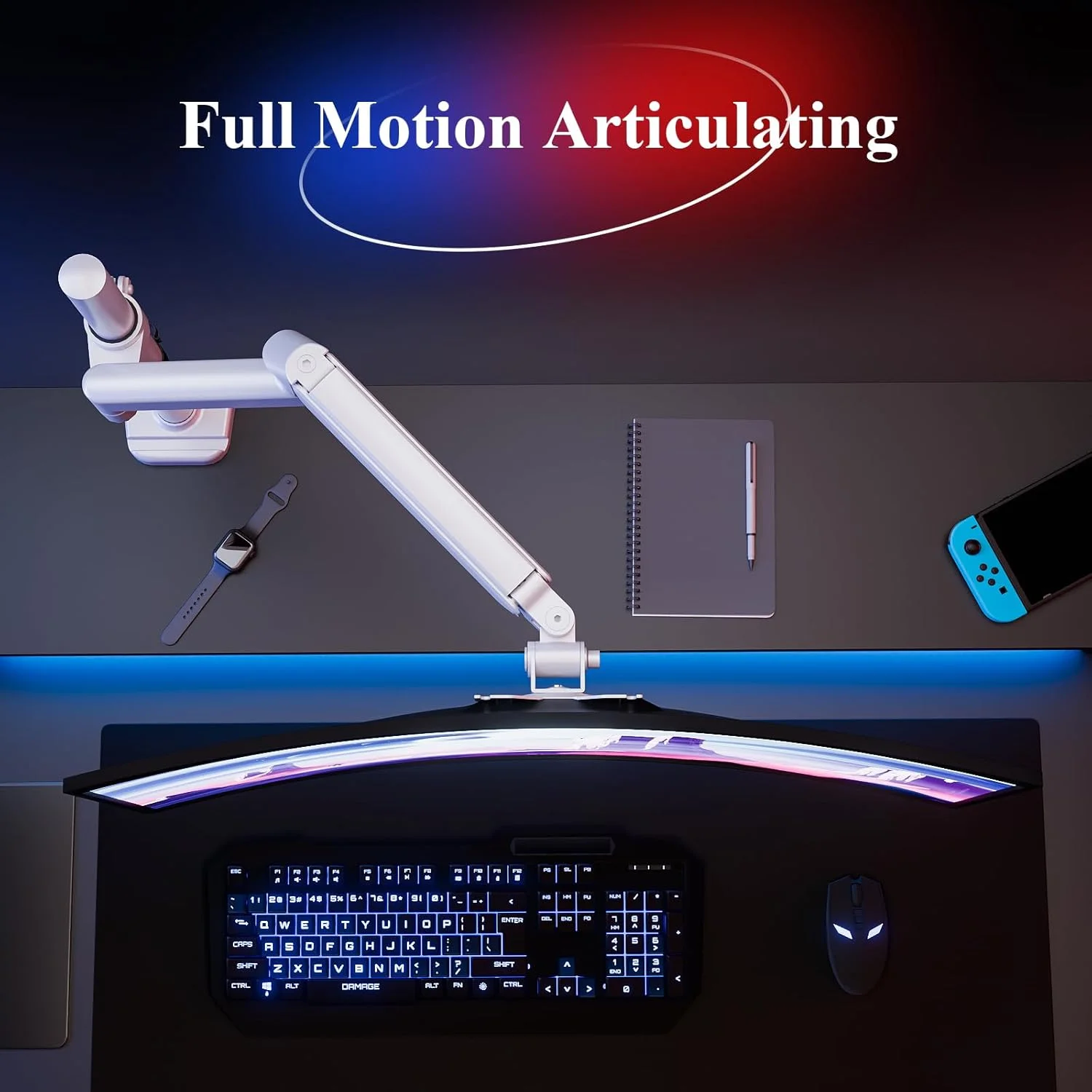 پایه مانیتور فنری گازی ETHU PC با بازوی توسعه دهنده برای صفحه نمایش های 13-32 اینچی VESA 75x75/100x100mm، گیره/حلقه مونتاژ 2 طرفه، ظرفیت تا 9 کیلوگرم، تنظیم چند زاویه ارگونومیک، تک بازو، سفید