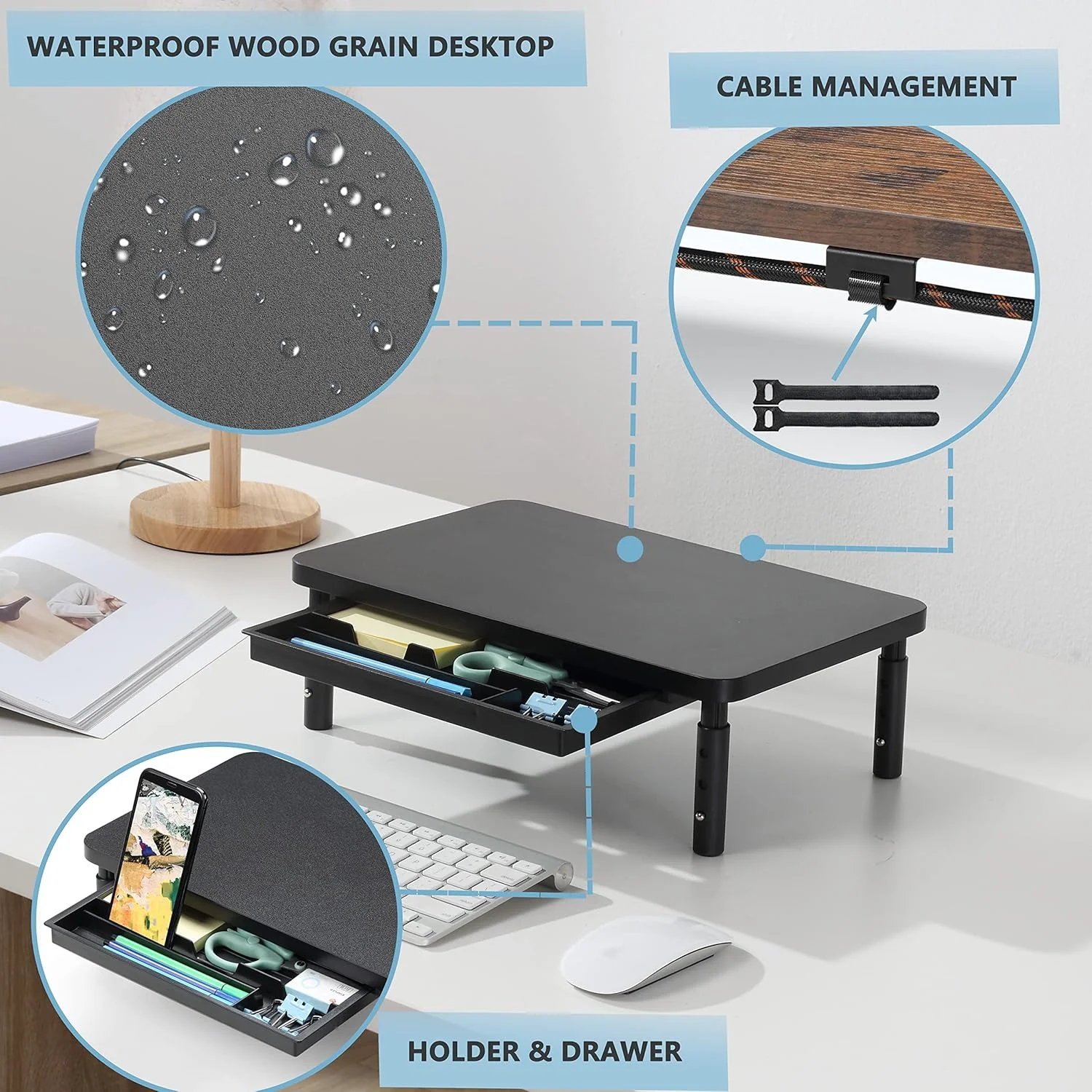 پایه مانیتور ETHU با قابلیت تنظیم ارتفاع در 3 سطح، پایه مانیتور ارگونومیک با کشوی نگهداری لوازم، مناسب برای کامپیوتر، پرینتر، لپ تاپ، PC و iMac - مشکی پایه مانیتور ETHU با قابلیت تنظیم ارتفاع در 3 سطح، پایه مانیتور ارگونومیک با کشوی نگهداری لوازم، مناسب برای کامپیوتر، پرینتر، لپ تاپ، PC و iMac - مشکی