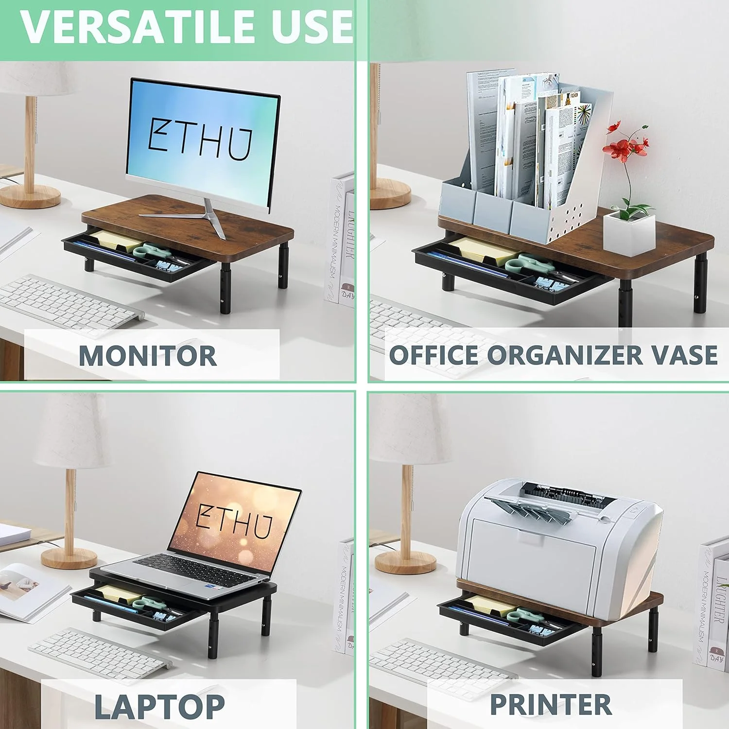 پایه مانیتور ETHU با قابلیت تنظیم ارتفاع در 3 سطح، پایه مانیتور ارگونومیک با کشوی نگهداری لوازم، مناسب برای کامپیوتر، پرینتر، لپ تاپ، PC و iMac - مشکی پایه مانیتور ETHU با قابلیت تنظیم ارتفاع در 3 سطح، پایه مانیتور ارگونومیک با کشوی نگهداری لوازم، مناسب برای کامپیوتر، پرینتر، لپ تاپ، PC و iMac - مشکی