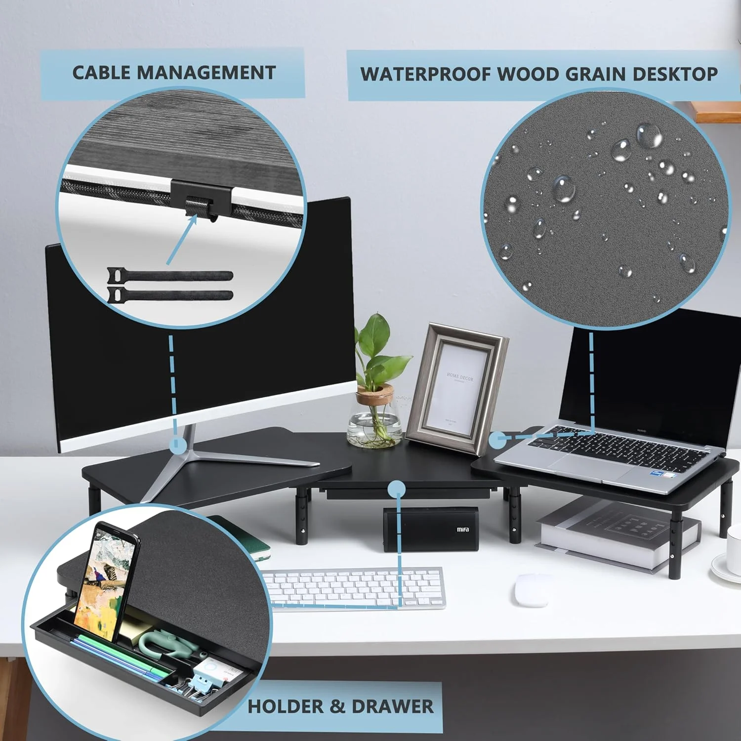 پایه دو مانیتوره اِتو، پایه مانیتور دوتایی برای کامپیوتر، لپتاپ و پرینتر، با ۳ طبقه قابل تنظیم از نظر طول و زاویه، سازماندهنده رومیزی با نگهدارنده تلفن و کشو، لوازم جانبی اداری مشکی پایه دو مانیتوره اِتو، پایه مانیتور دوتایی برای کامپیوتر، لپتاپ و پرینتر، با ۳ طبقه قابل تنظیم از نظر طول و زاویه، سازماندهنده رومیزی با نگهدارنده تلفن و کشو، لوازم جانبی اداری مشکی