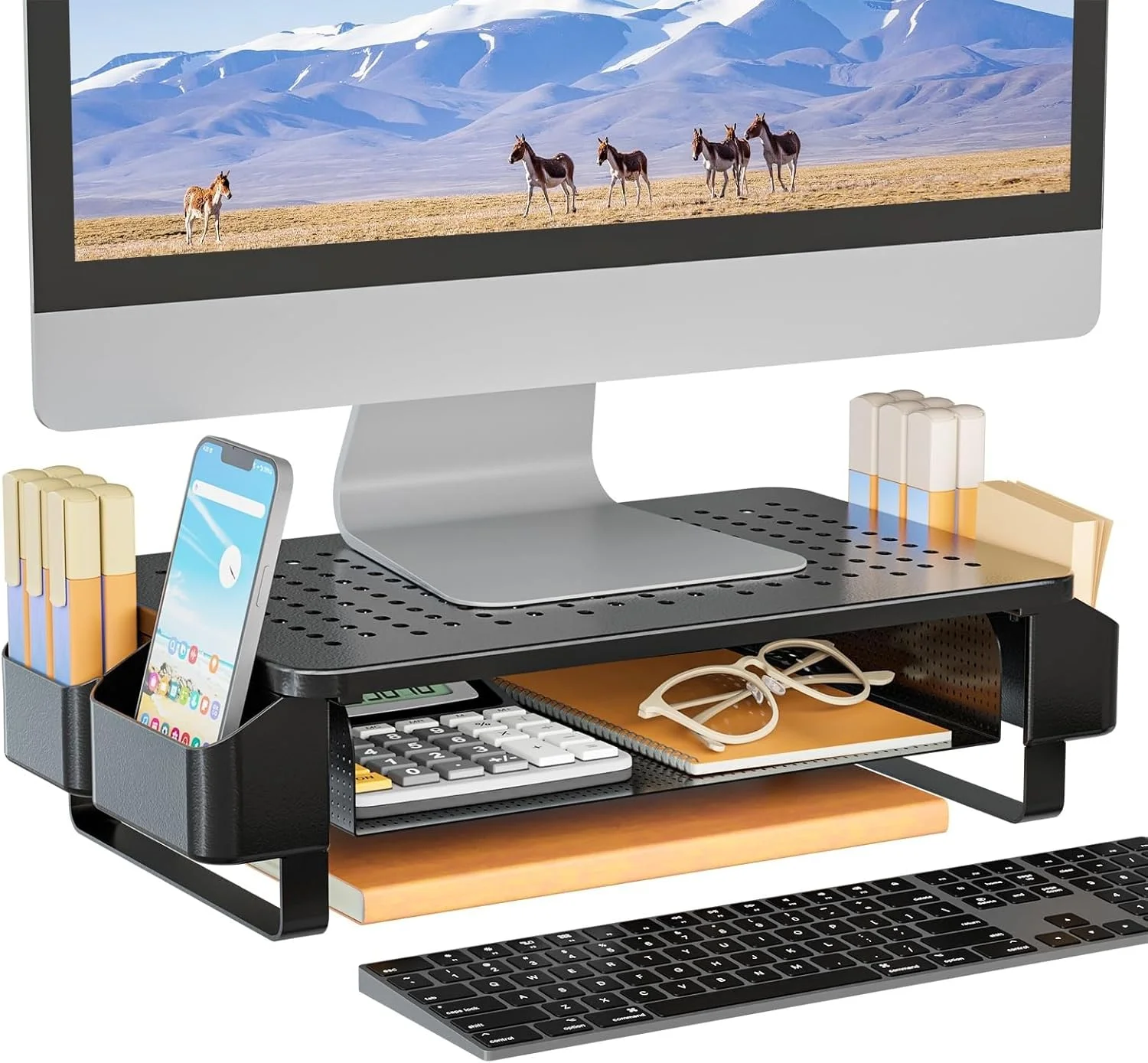 پایه مانیتور فلزی با فضای ذخیره سازی، سازمان دهنده میز کار با کشو و جیب های ذخیره سازی جانبی برای پایه میز کامپیوتر، لپ تاپ، چاپگر، نوت بوک و صفحه نمایش تخت