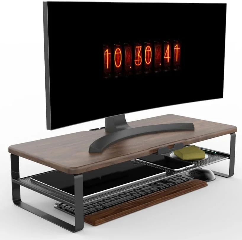 پایه مانیتور رومیزی، پایه دو طبقه مانیتور با نگهدارنده تلفن و مدیریت کابل - قفسه تلویزیون رومیزی، پرینتر لپ تاپ، پایه سازمان دهنده رومیزی، برای خانه و محل کار (قهوه ای چوبی)