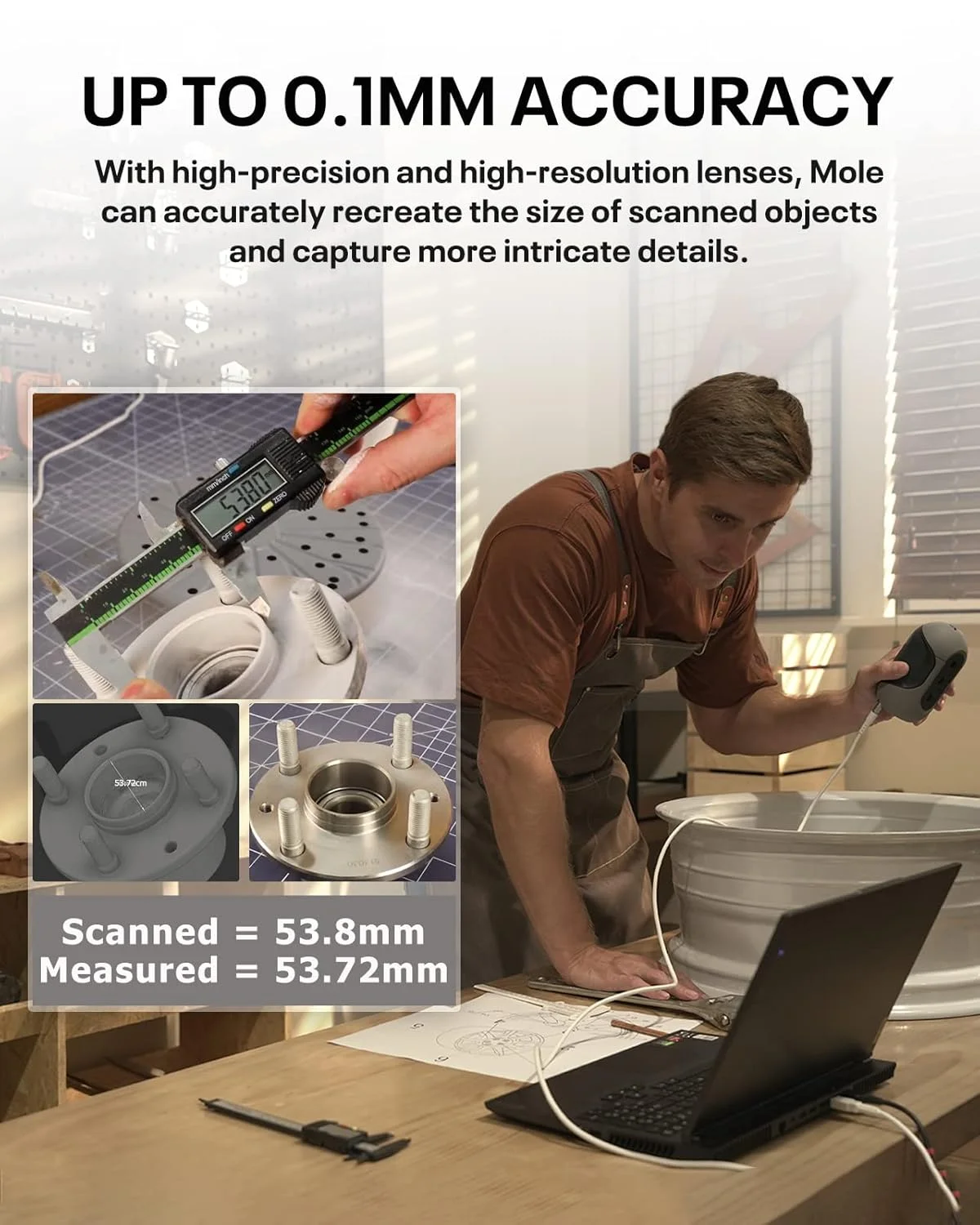 اسکنر سه بعدی Mole، رزولوشن 0.1 میلی‌متر، دقت بالای 0.05 میلی‌متر با سرعت اسکن 10 فریم در ثانیه، پشتیبانی از حالت‌های دوگانه دستی و صفحه گردان، اسکن رنگی، سازگار با Win10/MacOS (نسخه لوکس)