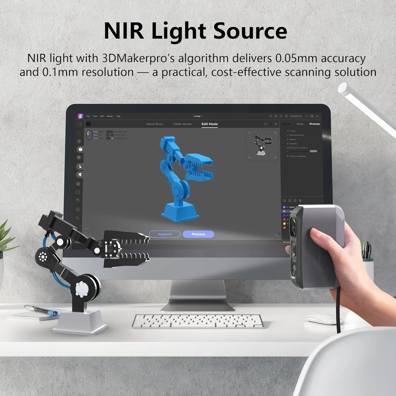 اسکنر سه بعدی 3DMakerpro Moose Lite، اسکنرهای سه بعدی با فرمت متوسط برای چاپ، منبع نور NIR، دقت تا 0.05 میلی متر، اسکن بافت مونو