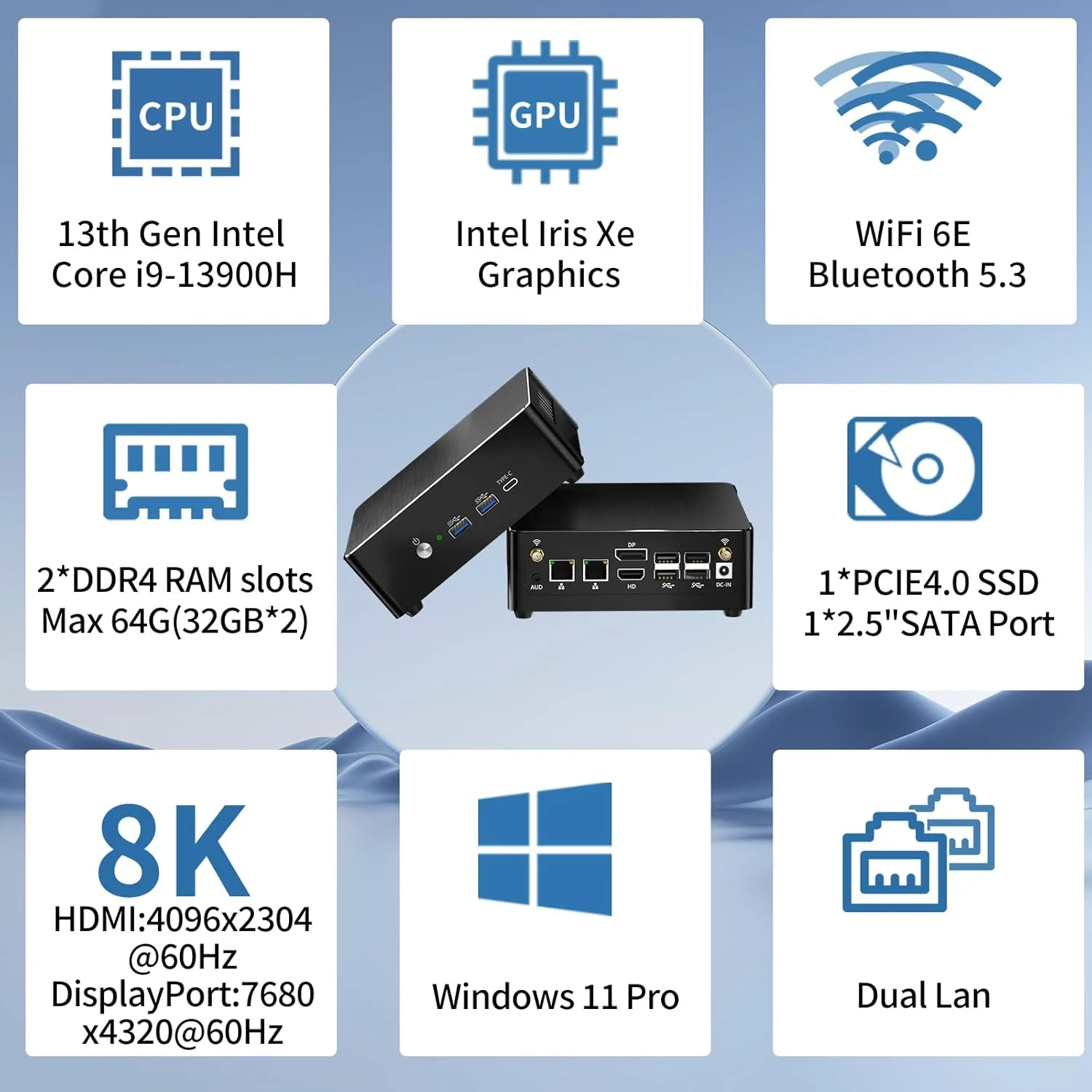 مینی پی سی msecore با پردازنده Core i9-13900H، تا 5.4 گیگاهرتز، 32 گیگ رم 512 گیگ SSD PCIE4.0، دو پورت شبکه، 2.5G LAN، Wi-Fi 6e، 1*DP، 1*HDMI، 1*USB-C، پشتیبانی از سه نمایشگر، 8K، VESA، ویندوز 11 پرو