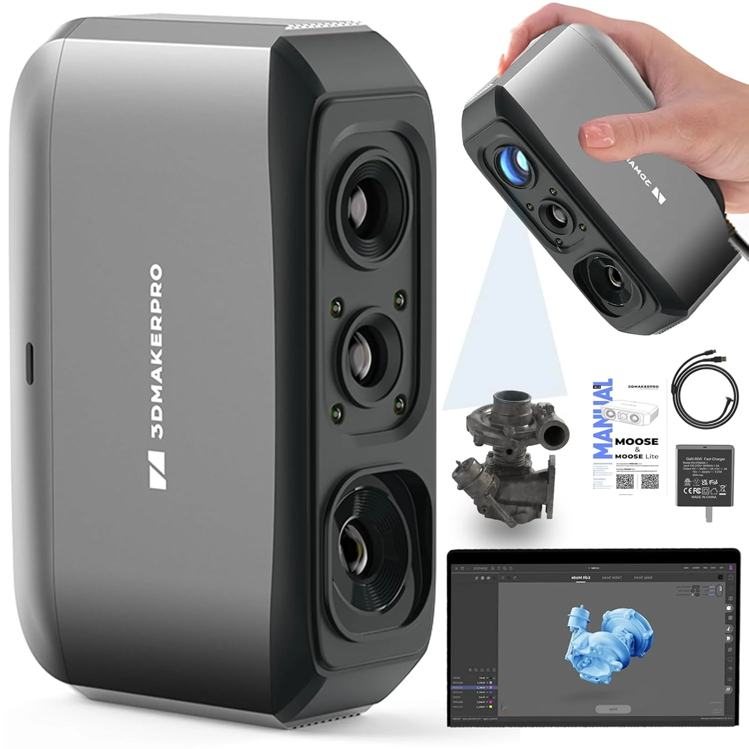 اسکنر سه بعدی دستی 3DMakerpro Moose Lite برای پرینت سه بعدی، اسکنر لوازم جانبی پرینتر سه بعدی با دقت بالای 0.05 میلی متر، نور NIR و ردیابی بصری هوش مصنوعی، لنزهای ضد لرزش، سازگار با ویندوز/MacOS