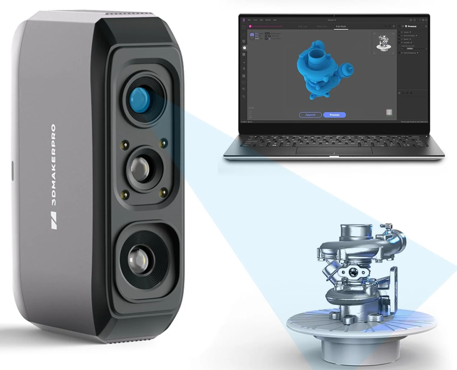 اسکنر سه بعدی دستی 3DMakerpro Moose Lite برای چاپ سه بعدی، ردیابی بصری هوش مصنوعی و لنزهای ضد لرزش نور NIR با رزولوشن 0.1 میلی متر و دقت بالای 0.05 میلی متر، اسکن 10 PFS، سازگار با ویندوز/MacOS