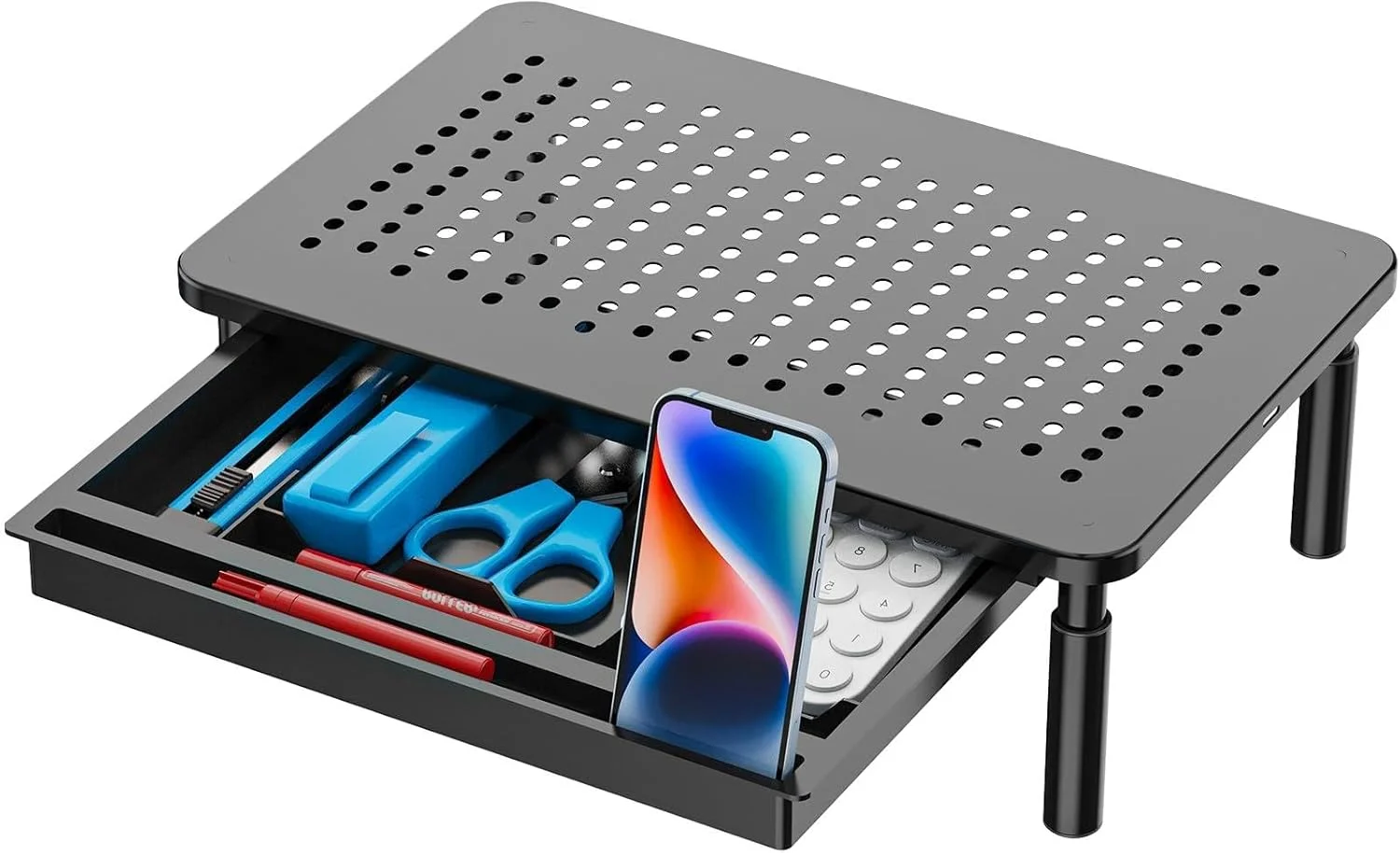 پایه مانیتور کامپیوتر، پایه لپ تاپ، پایه مانیتور دوتایی برای سازماندهی میز، مانیتور، لپ تاپ، کامپیوتر شخصی، پرینتر، مناسب برای استفاده در دفتر کار خانگی، بدون نیاز به مونتاژ به همراه کشوی تلفن