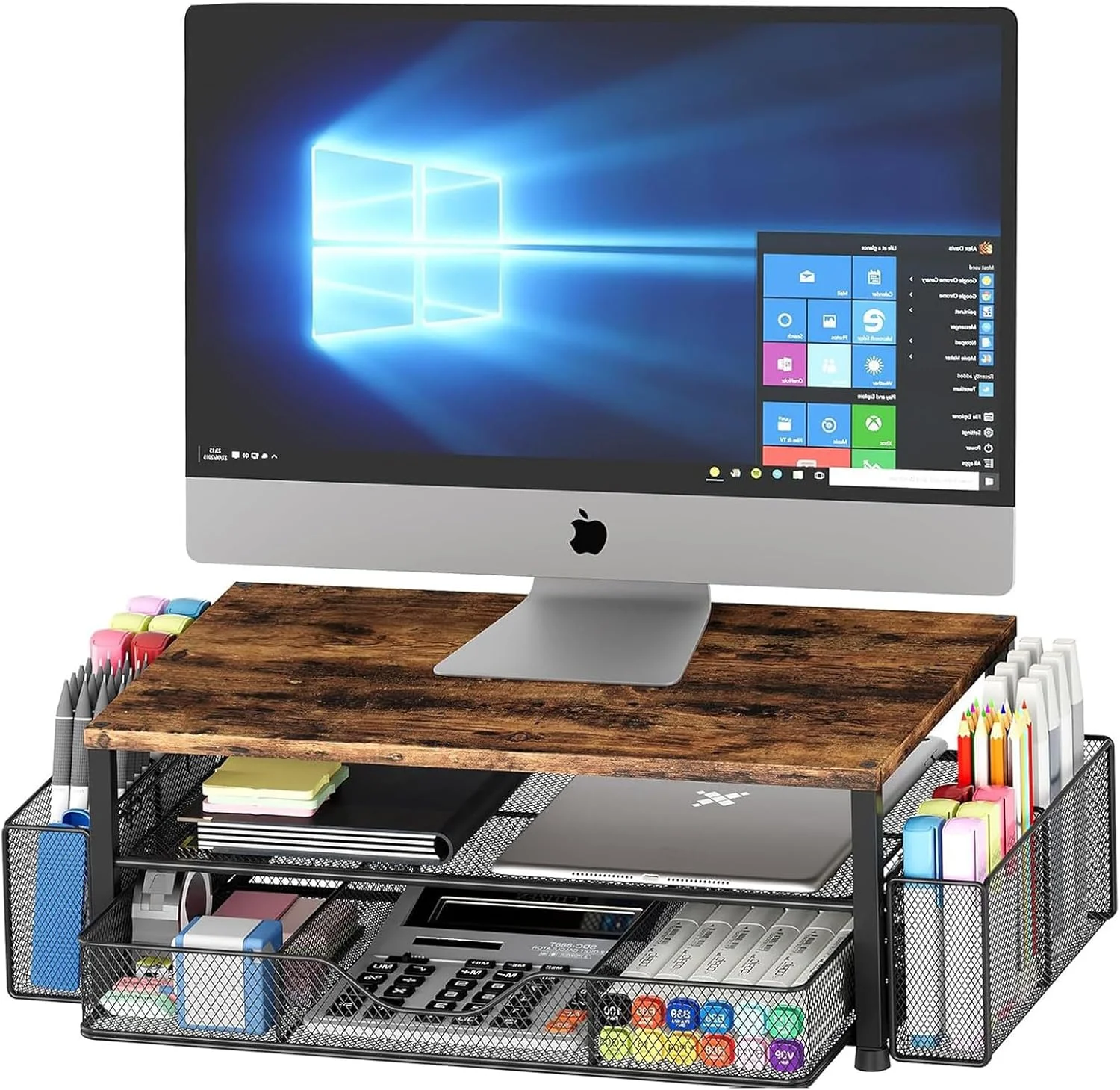 پایه مانیتور کامپیوتر DAYONG، سازمان دهنده و لوازم جانبی میز با کشوهای ذخیره سازی، پایه مانیتور فلزی با 2 جا قلم، سازمان دهنده رومیزی برای لوازم اداری منزل (قهوه ای)