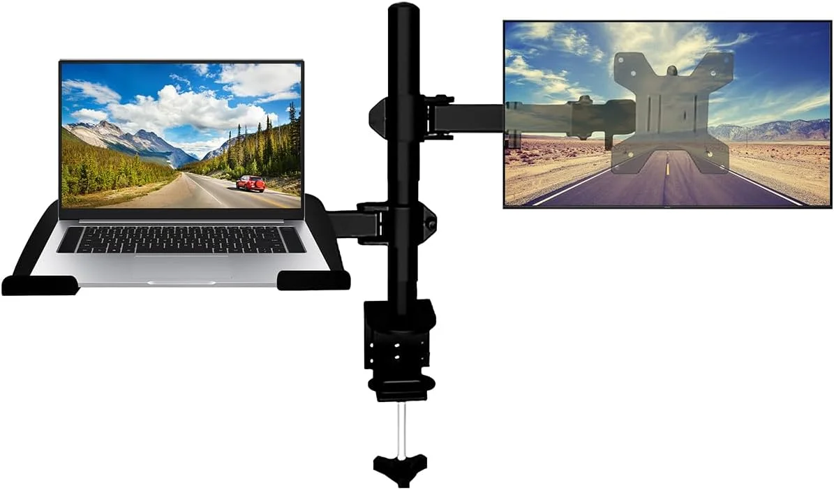 پایه نگهدارنده مانیتور و لپ تاپ، بازوی فنری گازی دوگانه با سینی لپ تاپ، کاملا قابل تنظیم، مناسب برای نوت بوک های 12 تا 17 اینچی، پایه رومیزی با گیره، مناسب برای صفحه نمایش کامپیوتر LCD 13-32 اینچی، مناسب برای دفتر کار