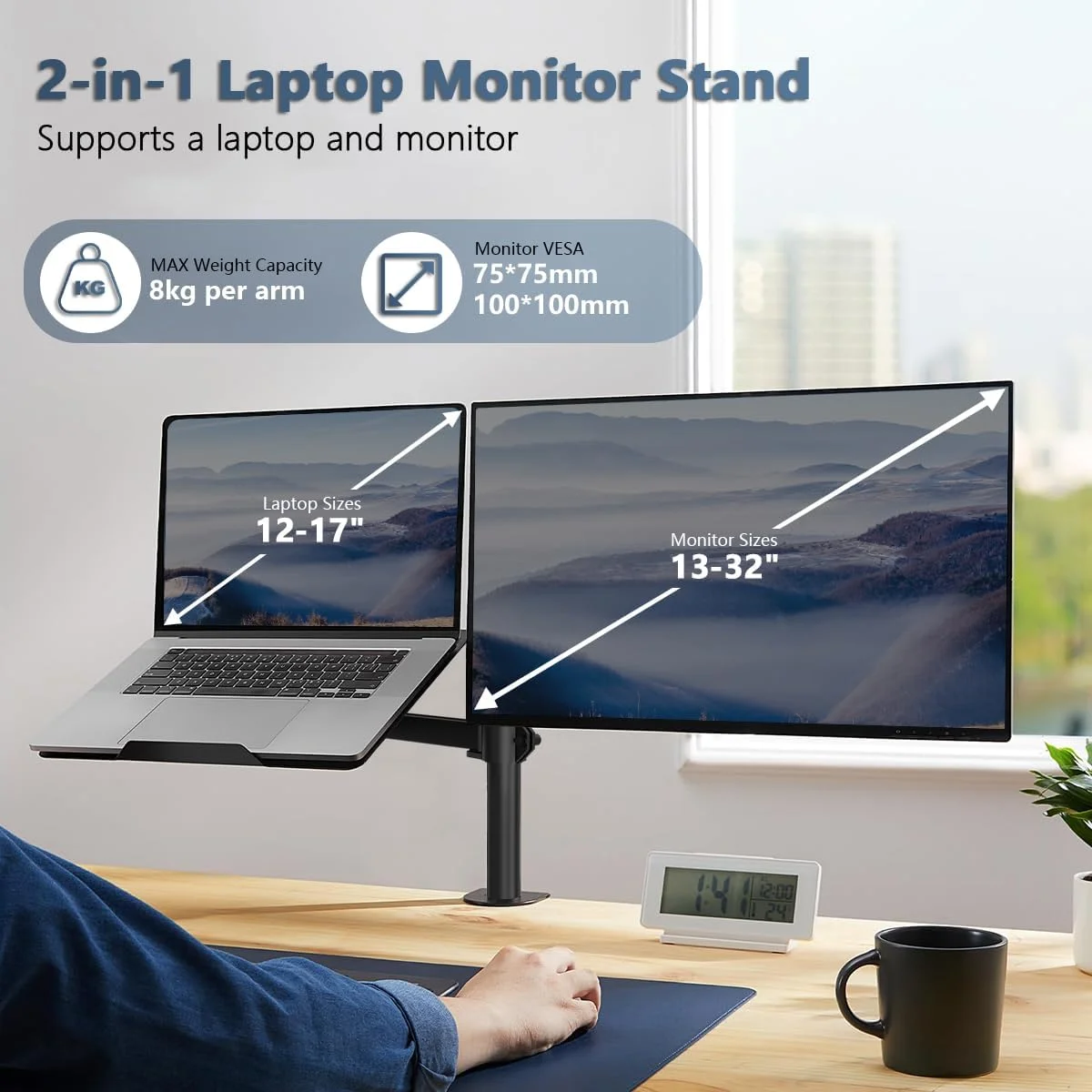 پایه نگهدارنده مانیتور و لپ تاپ، بازوی فنری گازی دوگانه با سینی لپ تاپ، کاملا قابل تنظیم، مناسب برای نوت بوک های 12 تا 17 اینچی، پایه رومیزی با گیره، مناسب برای صفحه نمایش کامپیوتر LCD 13-32 اینچی، مناسب برای دفتر کار پایه نگهدارنده مانیتور و لپ تاپ، بازوی فنری گازی دوگانه با سینی لپ تاپ، کاملا قابل تنظیم، مناسب برای نوت بوک های 12 تا 17 اینچی، پایه رومیزی با گیره، مناسب برای صفحه نمایش کامپیوتر LCD 13-32 اینچی، مناسب برای دفتر کار