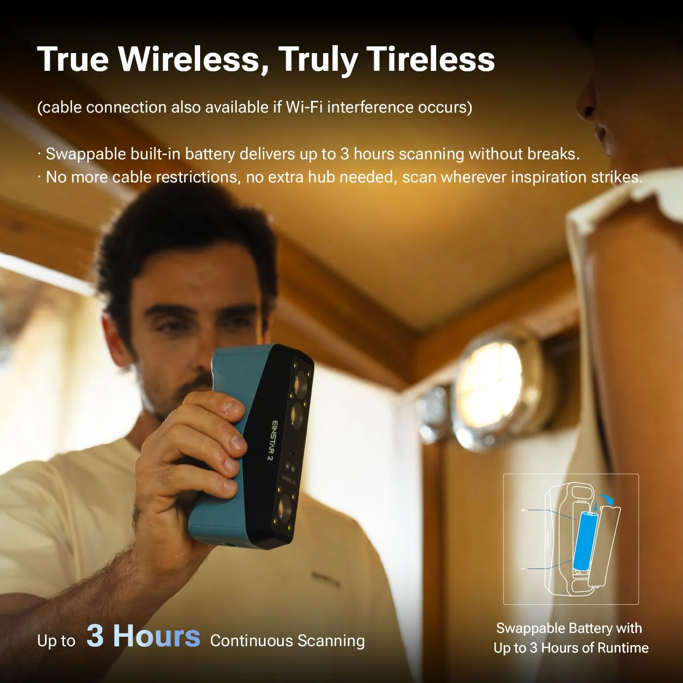 اسکنر سه بعدی بی سیم EINSTAR 2، دارای 17 خط لیزر آبی موازی و نور مادون قرمز VCSEL، پشتیبانی از اسکن سه بعدی اجسام کوچک تا بزرگ، سرعت اسکن بالا تا 90 فریم بر ثانیه