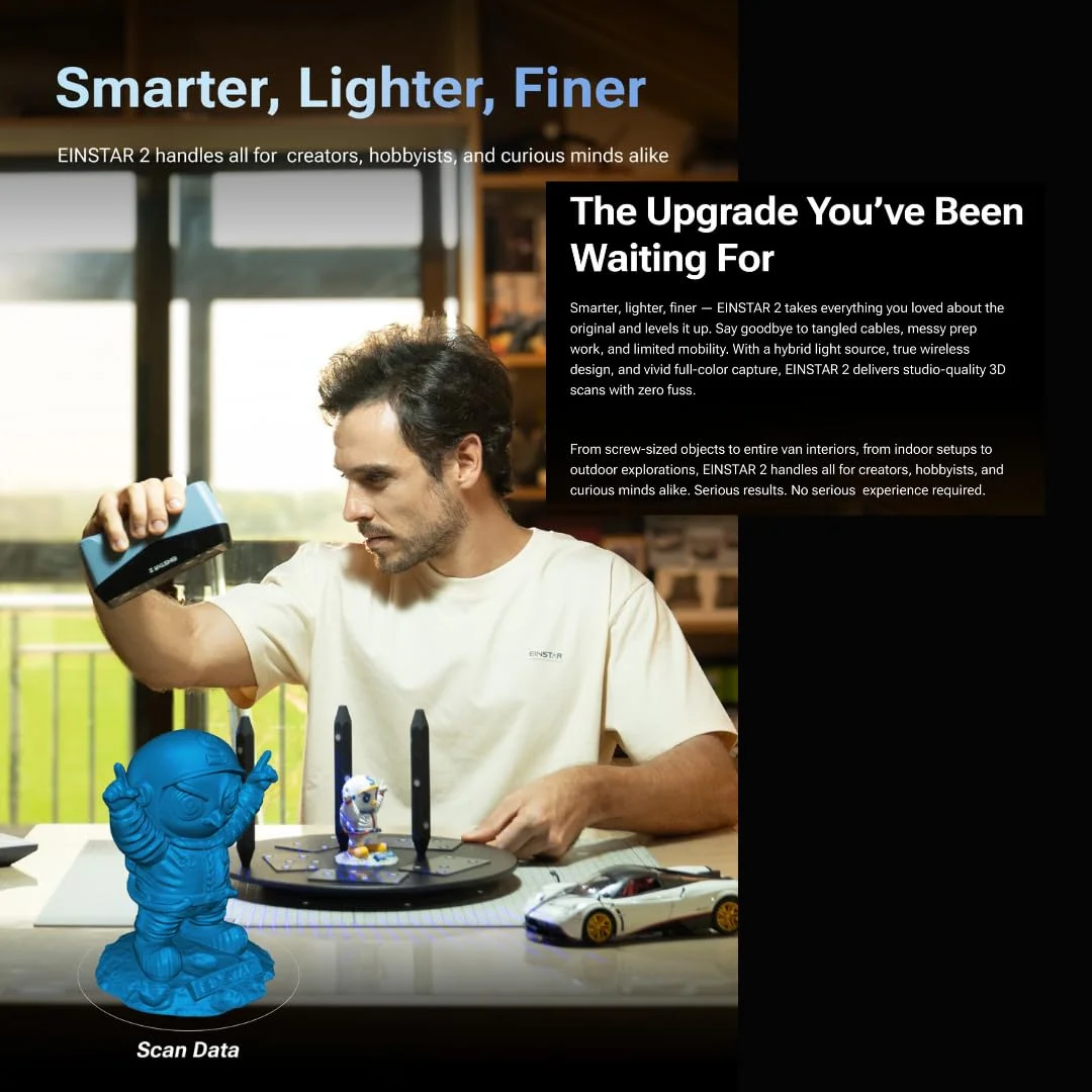 اسکنر سه بعدی بی سیم EINSTAR 2 – دستی، رزولوشن 0.05 میلی متر، لیزر هیبریدی + نور IR، بدون نیاز به اسپری، ضبط تمام رنگی، آماده برای فضای باز، با باتری