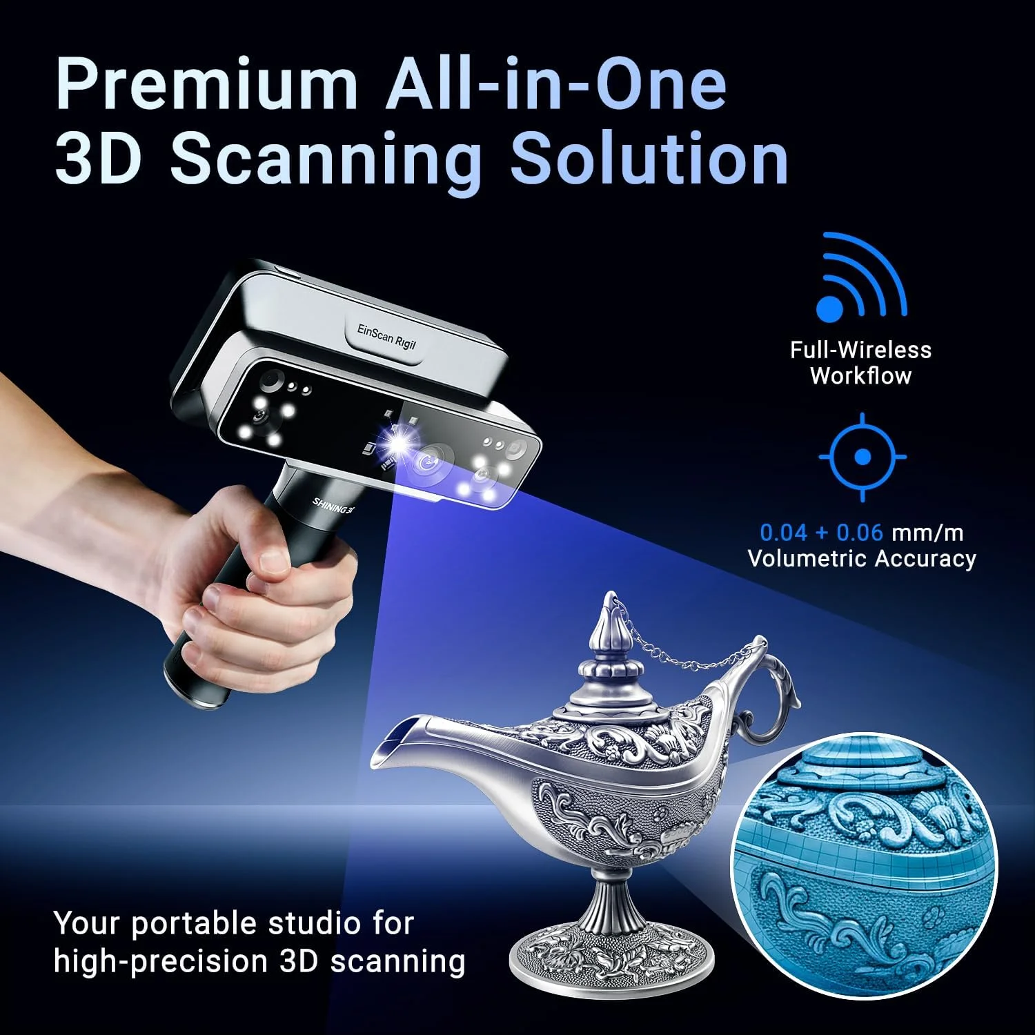 اسکنر سه بعدی EinScan Rigil برای چاپ سه بعدی - اسکنر بی سیم و همه کاره قابل حمل با سه حالت کاری، منبع نور هیبریدی (VSCEL و لیزر آبی) و نشانگرهای سه بعدی سازگار با اسکنرهای دستی ویندوز