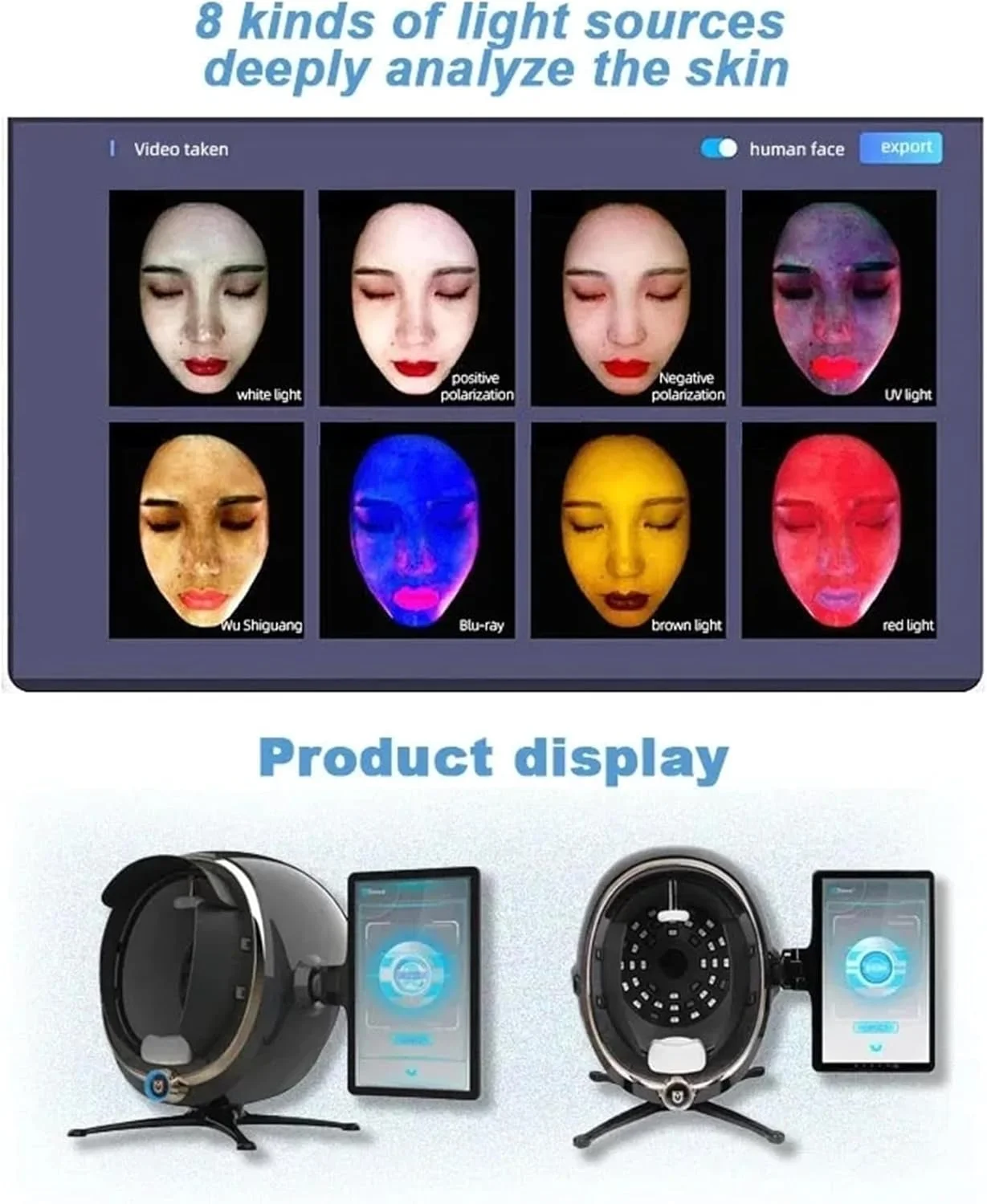 سیستم آنالیز سه بعدی پوست با نمایشگر LCD، دارای 8 حالت آنالیز طیفی، 28 میلیون پیکسل، دستگاه اسکنر حسگر پوست برای تشخیص جامع مشکلات پوستی