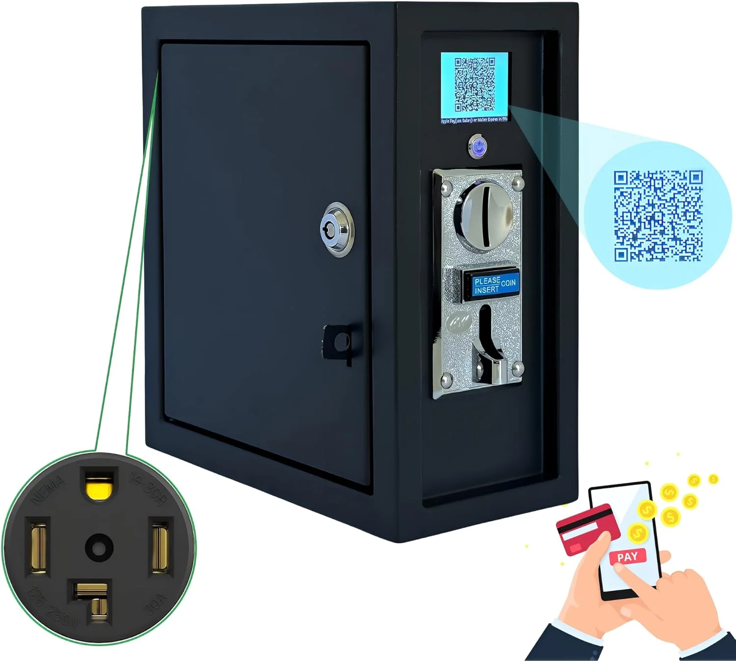 جعبه کنترل برق تایمری Sintron ST-005 220V LCD با قابلیت پرداخت سکه ای و موبایلی از طریق Apple Pay و Paypal به همراه پریز NEMA 14-30R چهار شاخه مناسب برای دستگاه های فروش اتوماتیک، صندلی ماساژ، واکس زن کفش، ماشین لباسشویی و خشک کن