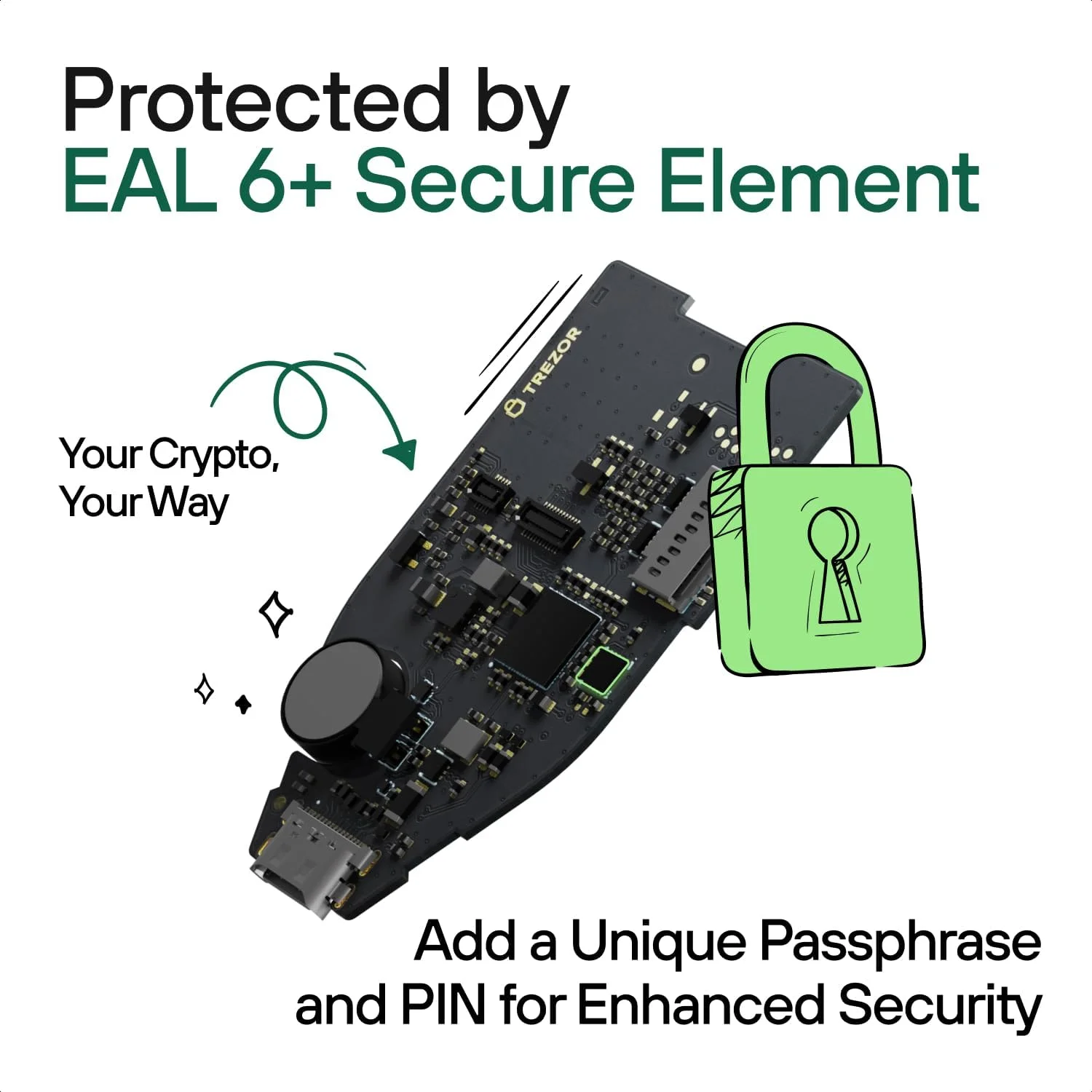 کیف پول سخت افزاری رمزنگاری Trezor Safe 5 با عنصر امن و عبارت عبور، صفحه لمسی رنگی، بازخورد لمسی، امنیت بیت کوین، پشتیبانی از هزاران سکه و توکن، راه اندازی سریع و ساده (زمرد سبز)
