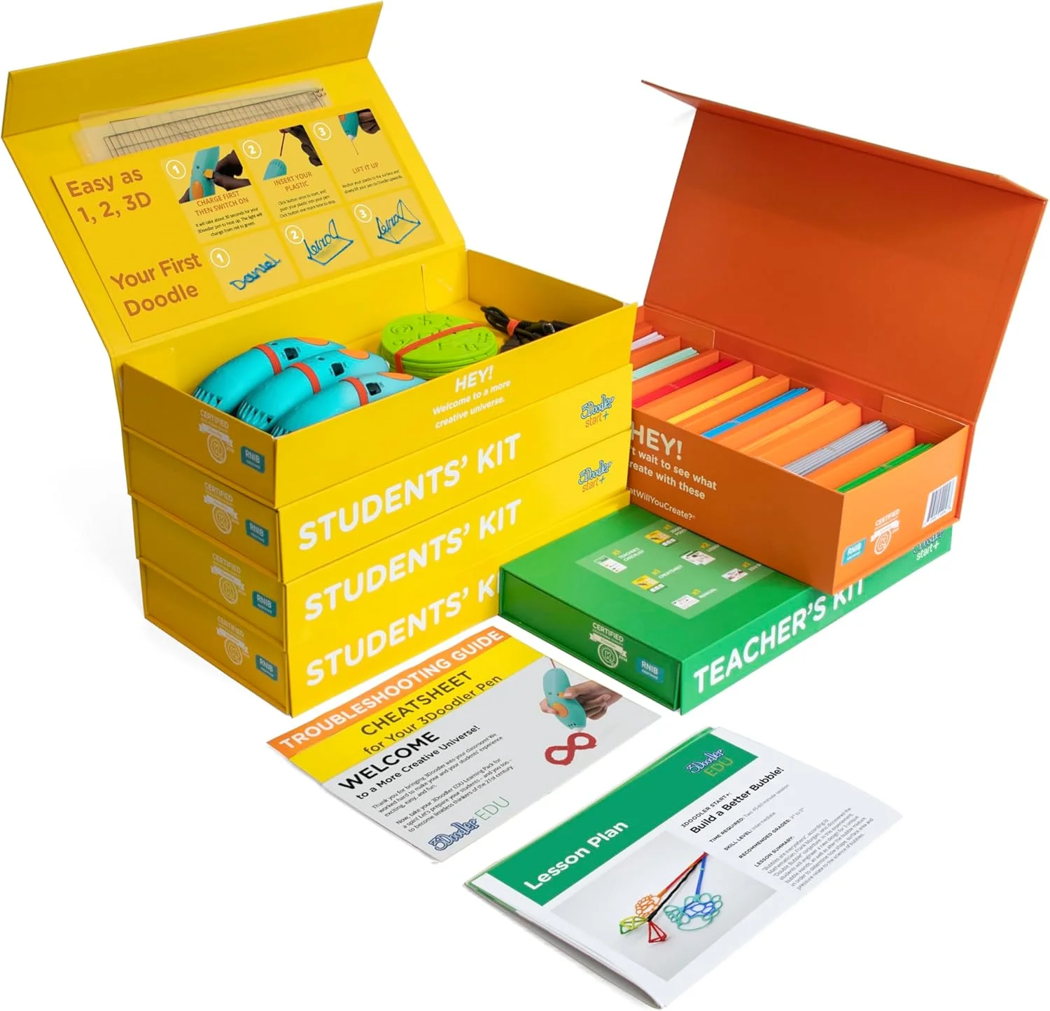 مجموعه آموزشی 3Doodler EDU Start، مجموعه کامل، شامل 12 قلم چاپ سه بعدی + 1200 رشته فیلامنت پلاستیکی + طرح های فعالیت کلاسی