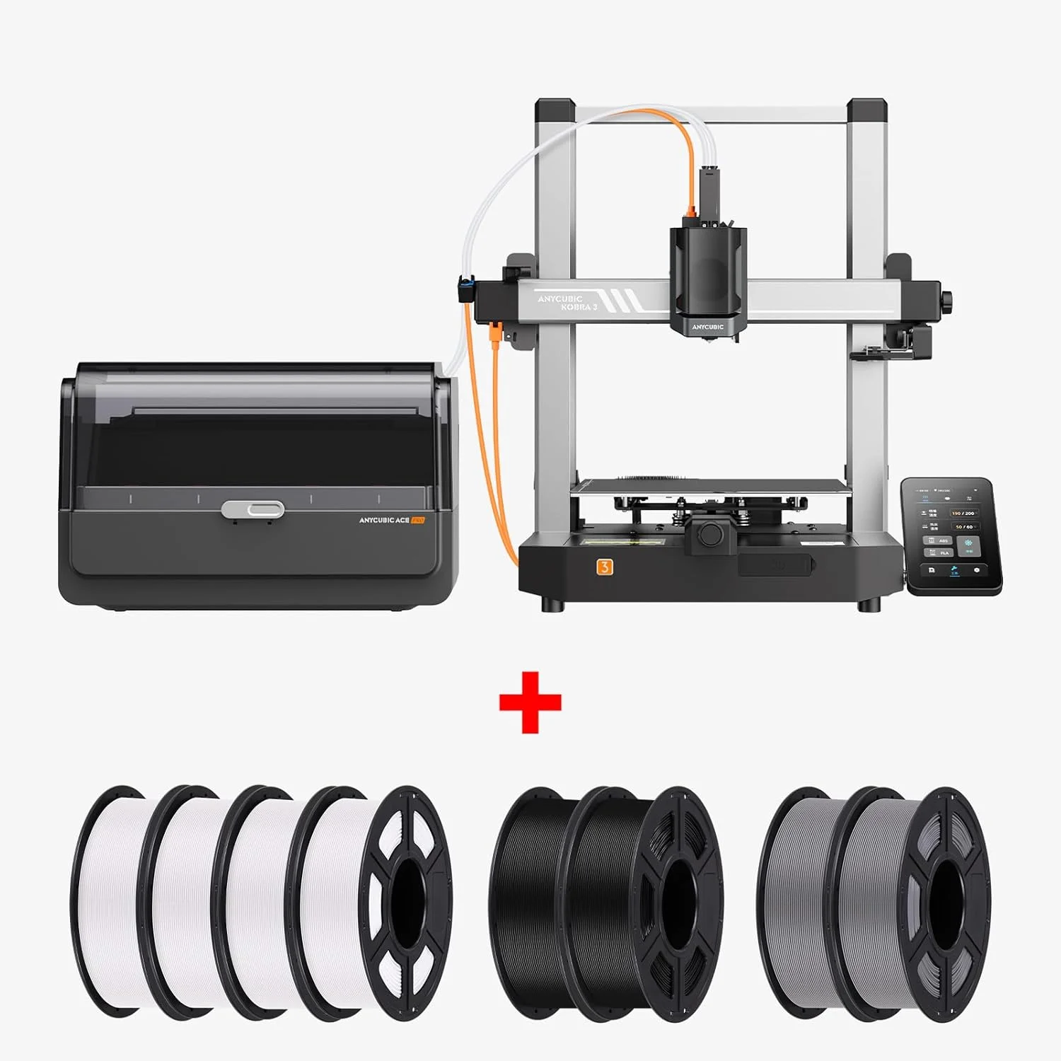 بسته فیلامنت (8 کیلوگرم) Anycubic Kobra 3 V2 Combo چاپگر سه بعدی چند رنگ، حداکثر سرعت 600 میلی متر بر ثانیه صفحه نمایش قابل تنظیم 4.3 اینچی، خشک کردن مداوم فیلامنت، 250x250x260 میلی متر