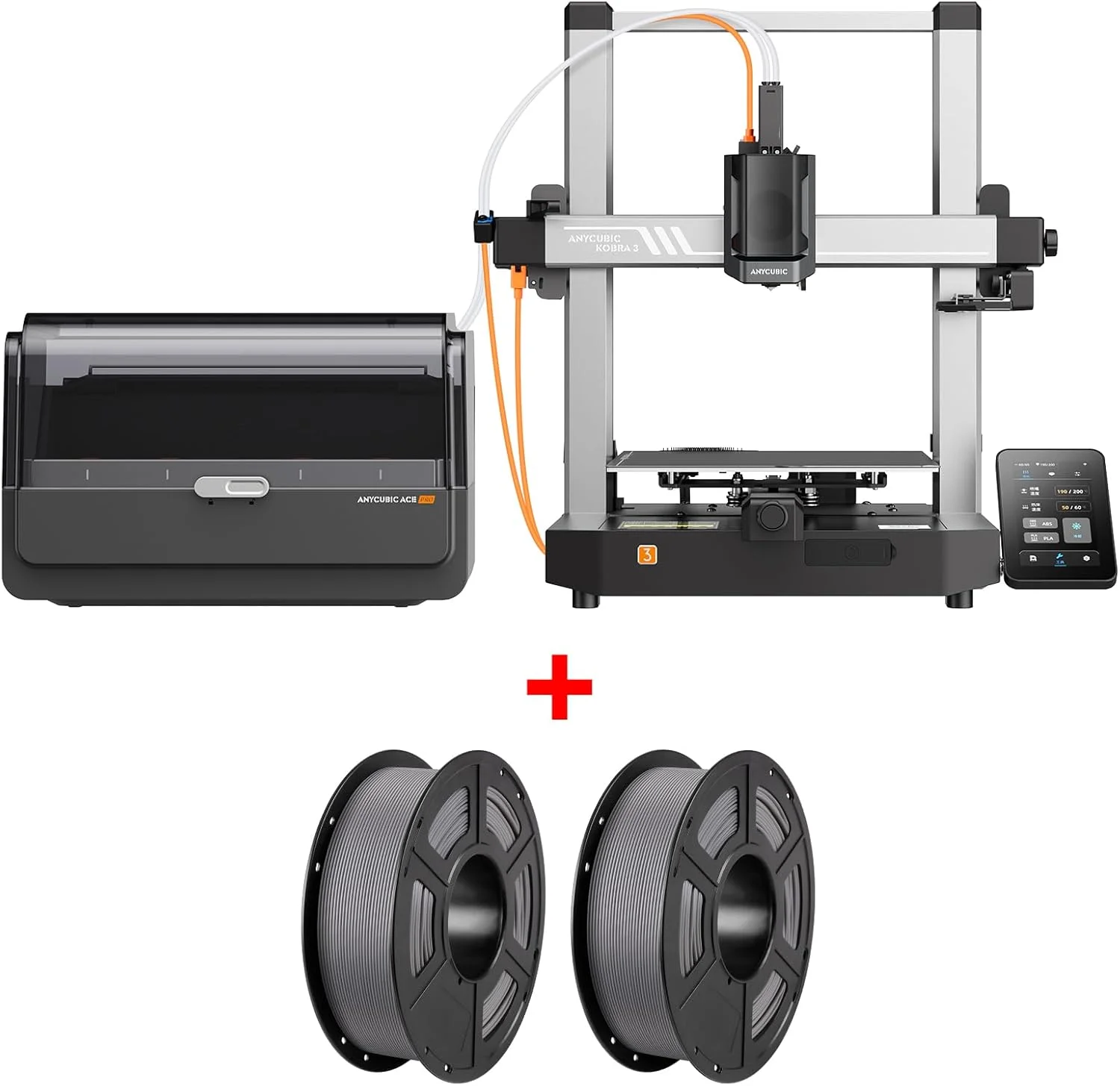 بسته فیلامنت Anycubic (2 کیلوگرم) Anycubic Kobra 3 V2 Combo پرینتر سه بعدی چند رنگ، حداکثر سرعت 600 میلی متر بر ثانیه صفحه نمایش قابل تنظیم 4.3 اینچی، خشک کردن مداوم فیلامنت، 250x250x260 میلی متر