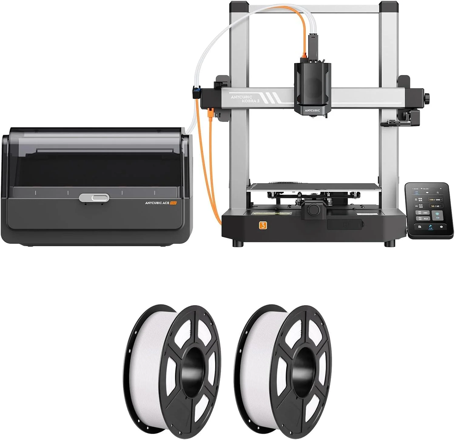 بسته فیلامنت (2 کیلوگرم) Anycubic Kobra 3 V2 Combo چاپگر سه بعدی چند رنگی، حداکثر سرعت 600 میلی متر بر ثانیه صفحه نمایش قابل تنظیم 4.3 اینچی، خشک کردن مداوم فیلامنت، 250x250x260 میلی متر