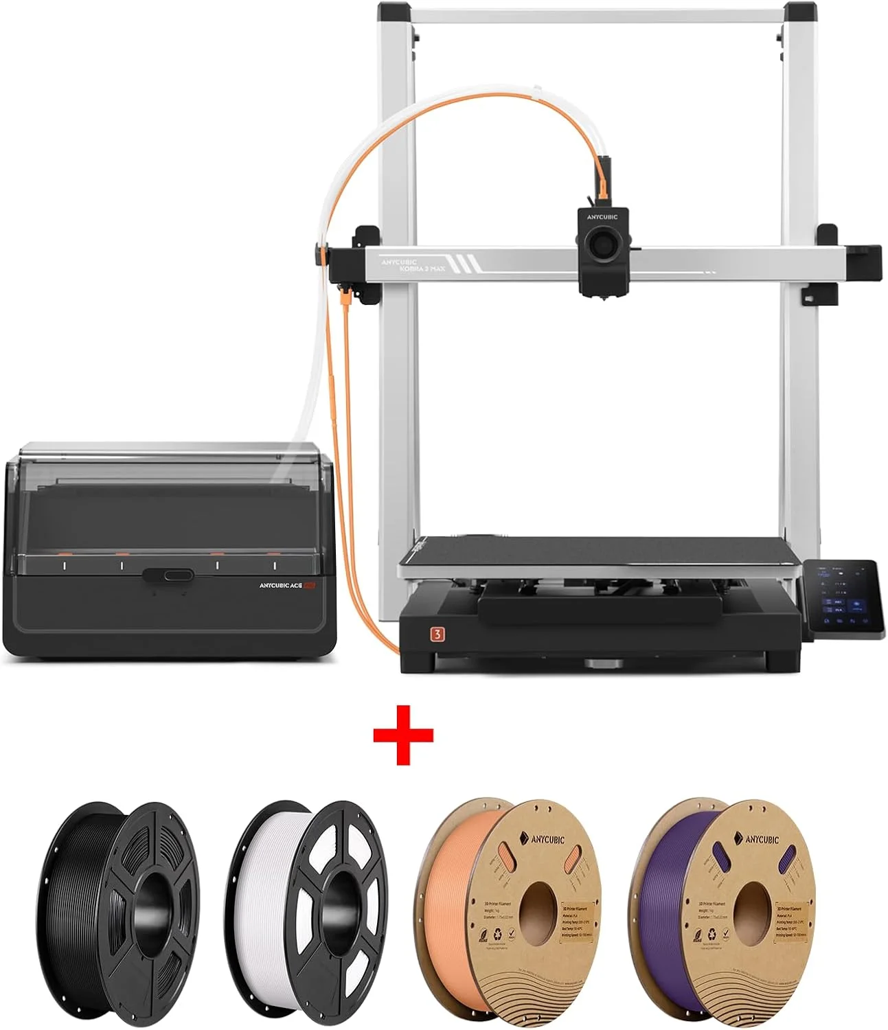 مجموعه پرینتر سه بعدی Anycubic Kobra 3 Max + خشک کن فیلامنت چند رنگ Anycubic ACE Pro + بسته فیلامنت پرینتر سه بعدی ANYCUBIC PLA 4KG مشکی + سفید + هلویی + بنفش بین ستاره ای