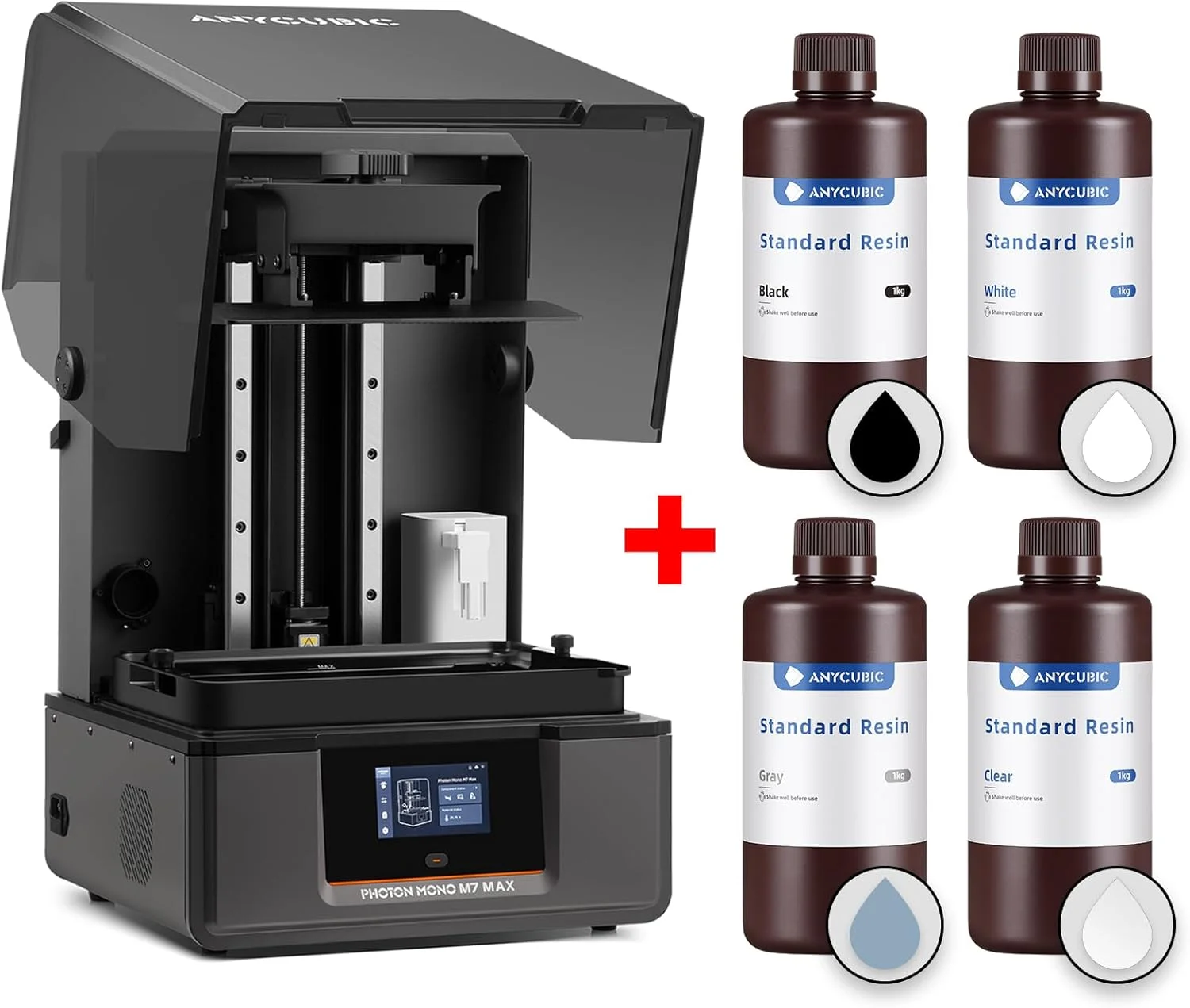 بسته رزین سه بعدی ANYCUBIC Photon Mono M7 MAX و استاندارد (خاکستری+شفاف+سفید+مشکی، 1 کیلوگرم در هر بطری، مجموعا 4 کیلوگرم)