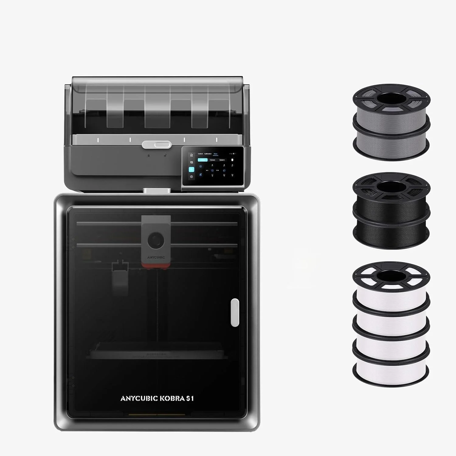 (بسته 8 کیلوگرمی PLA) پرینتر سه بعدی چند رنگی Anycubic، مدل Kobra S1 Combo با سرعت بالای 600 میلی متر بر ثانیه، کالیبراسیون خودکار ایده آل برای دقت و کارایی، 250x250x250 میلی متر، 4 کیلوگرم سفید + 2 کیلوگرم خاکستری + 2 کیلوگرم مشکی