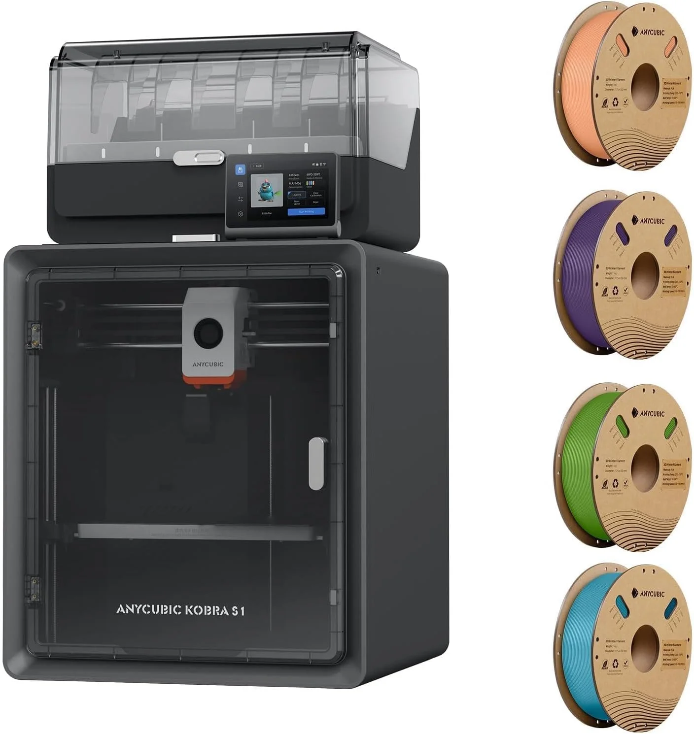 مجموعه پرینتر سه بعدی چند رنگ Anycubic Kobra S1 Combo به همراه فیلامنت PLA انیکوبیک 1.75mm 4KG، هلویی صورتی، بنفش بین ستاره ای، فیروزه ای استوایی، برگ بهاری