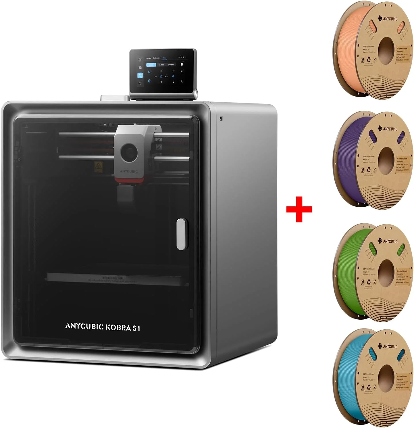 (بسته فیلامنت پرینتر سه بعدی PLA انی کیوبیک 4 کیلوگرم) پرینتر سه بعدی Anycubic Kobra S1 فقط + 4 کیلوگرم، هلویی صورتی، بنفش بین ستاره ای، فیروزه ای استوایی، برگ بهاری، حداکثر سرعت بالا 600 میلی متر بر ثانیه و دقت بالا