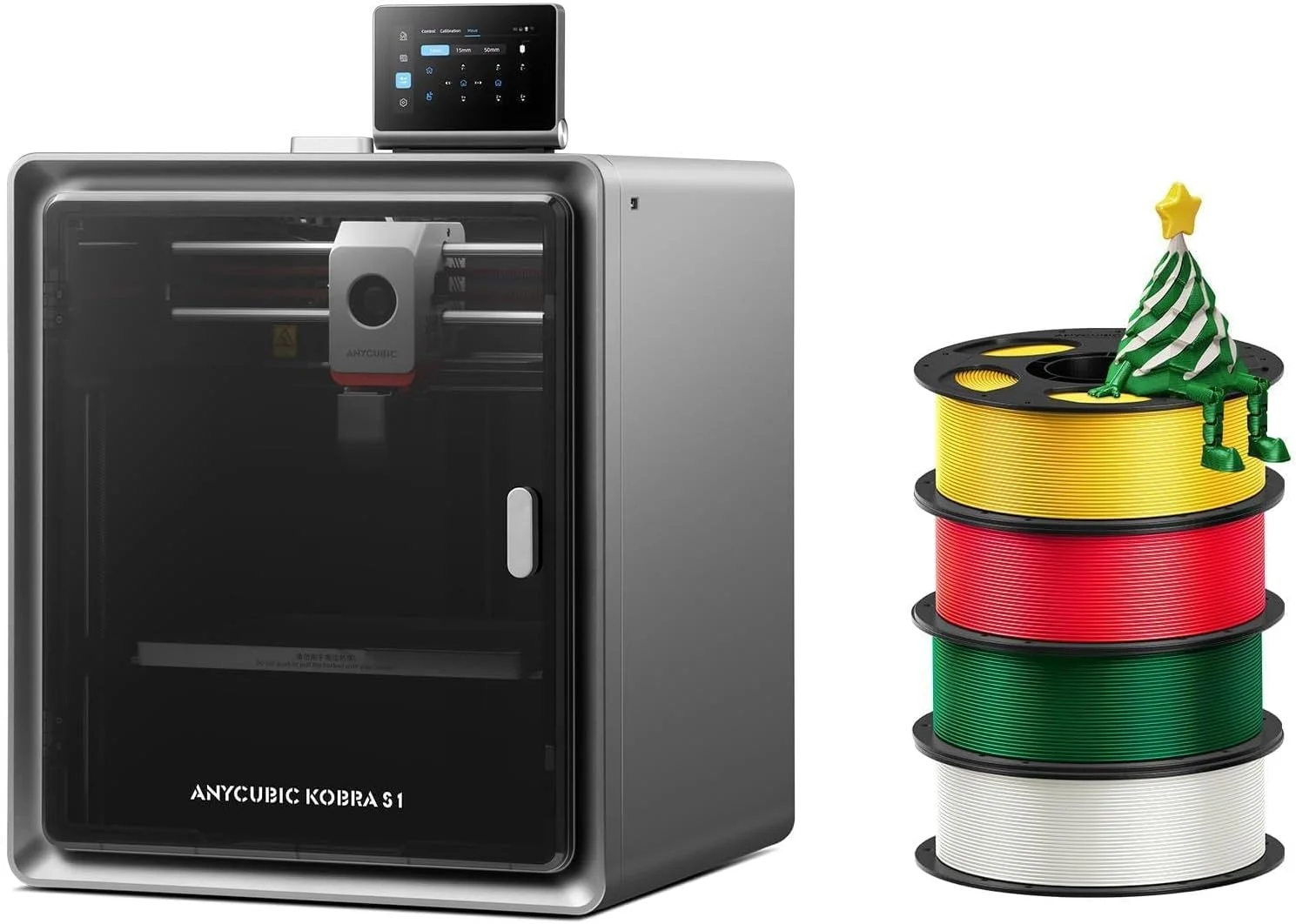 بسته ۴ کیلوگرمی PLA ابریشمی کریسمس ANYCUBIC + پرینتر سه بعدی چند رنگ Anycubic Kobra S1، سرعت بالا 600 میلی‌متر بر ثانیه، فیلامنت‌های ابریشمی