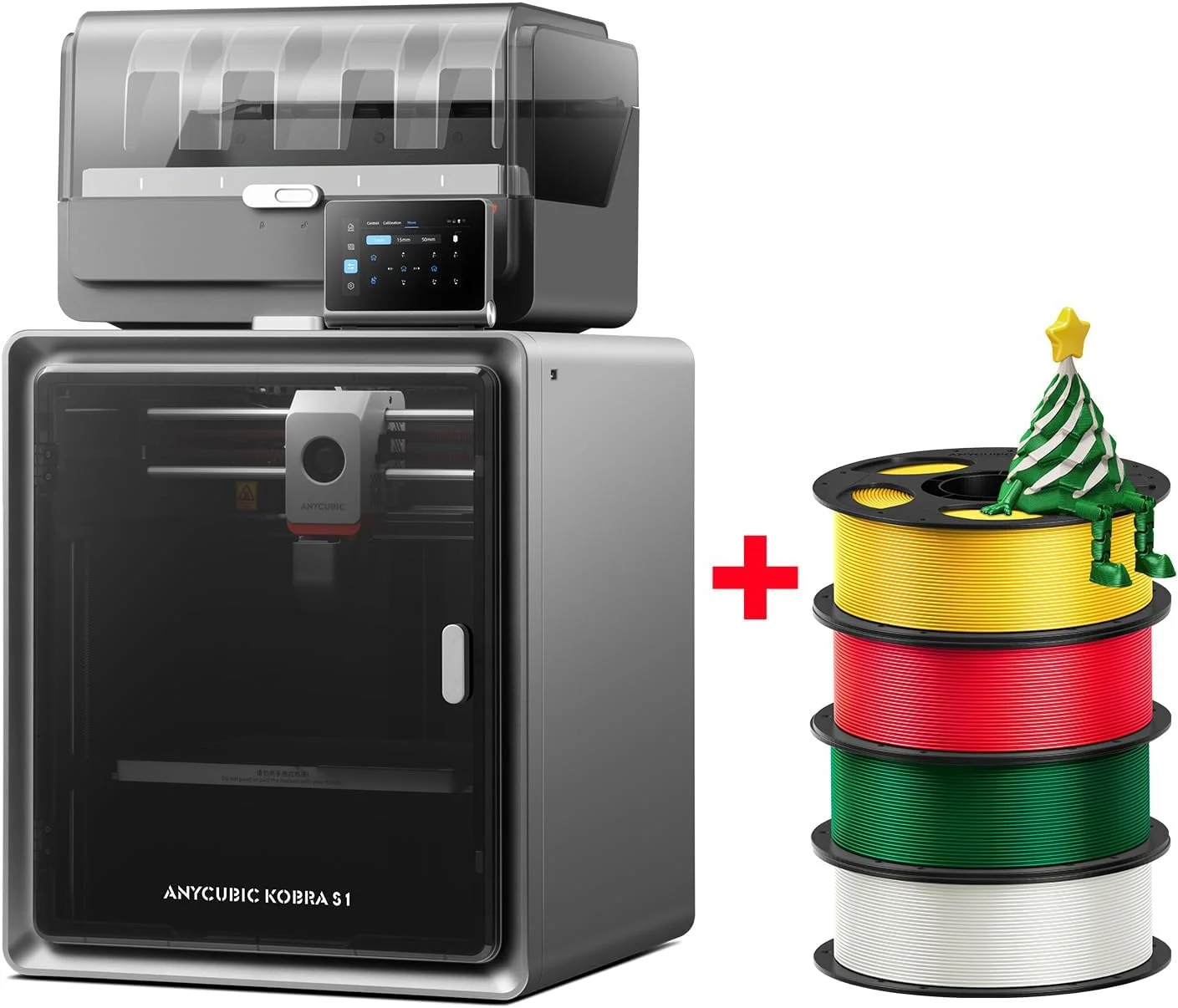 بسته ۴ کیلوگرمی PLA ابریشمی کریسمس ANYCUBIC + پرینتر سه بعدی چند رنگ Anycubic، کمبو Kobra S1، جعبه آماده، فیلامنت های ابریشمی