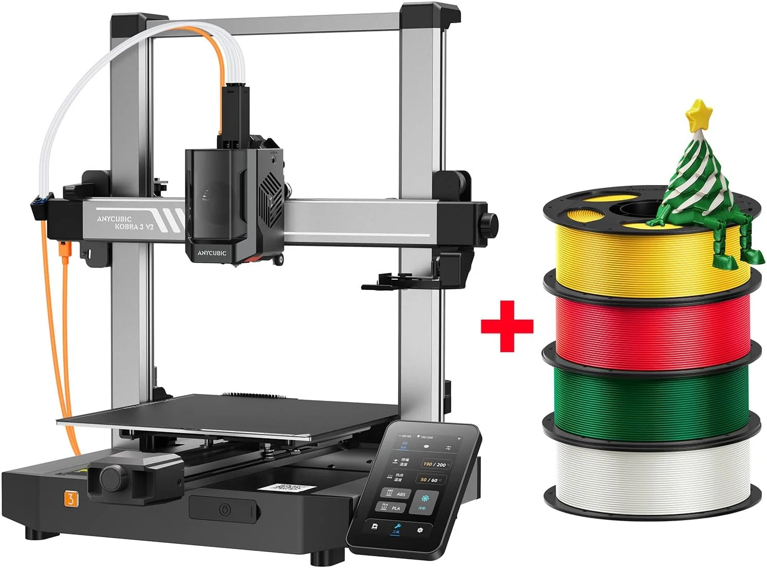 بسته ۴ کیلوگرمی PLA ابریشمی کریسمس ANYCUBIC + فقط پرینتر سه بعدی Anycubic Kobra 3 V2، جعبه آماده، فیلامنت پرینتر سه بعدی