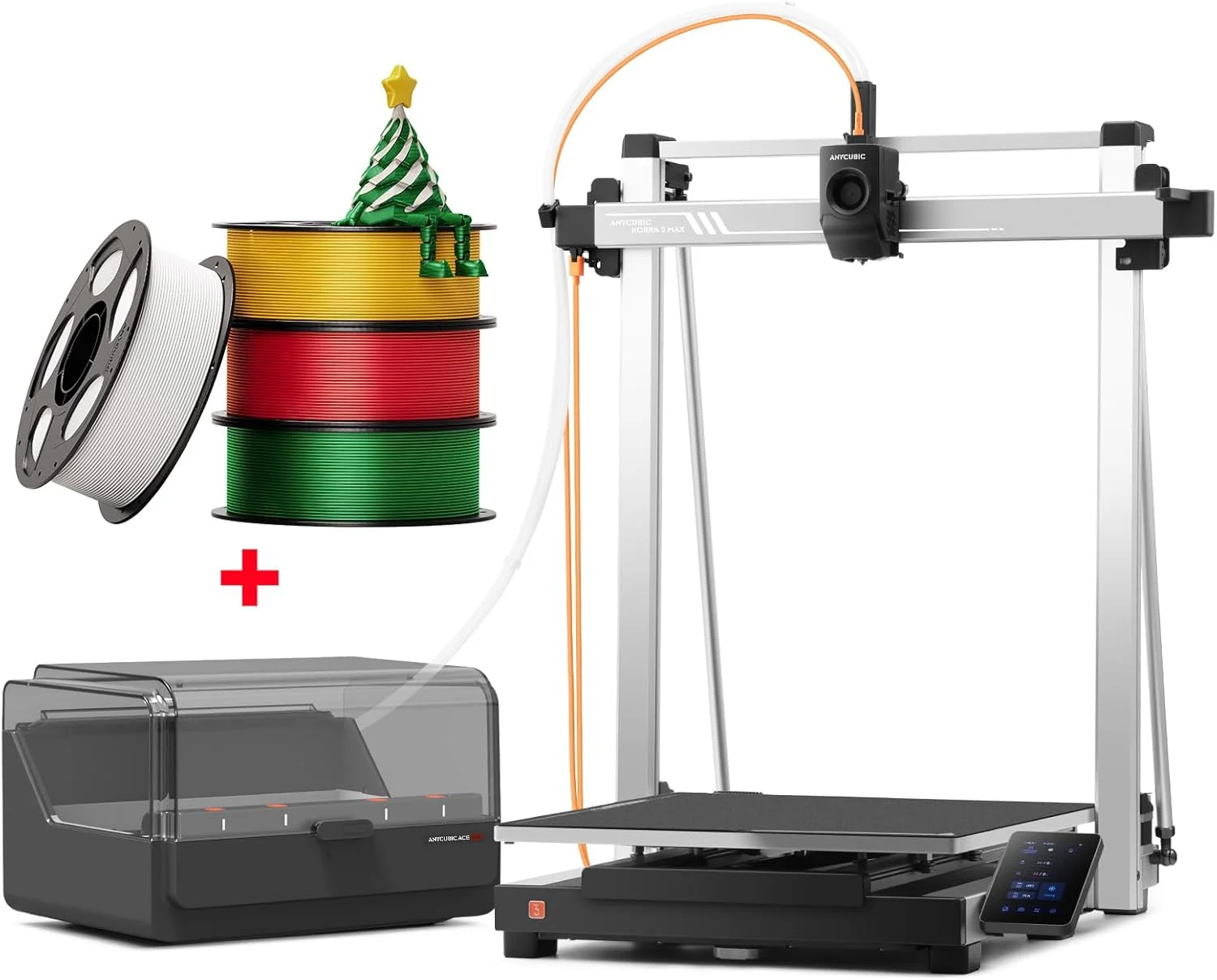 بسته ۴ کیلوگرمی ابریشمی PLA کریسمس ANYCUBIC + دستگاه چاپ سه بعدی Anycubic Kobra 3 Max Combo، چاپ چند رنگ، فیلامنت ابریشمی