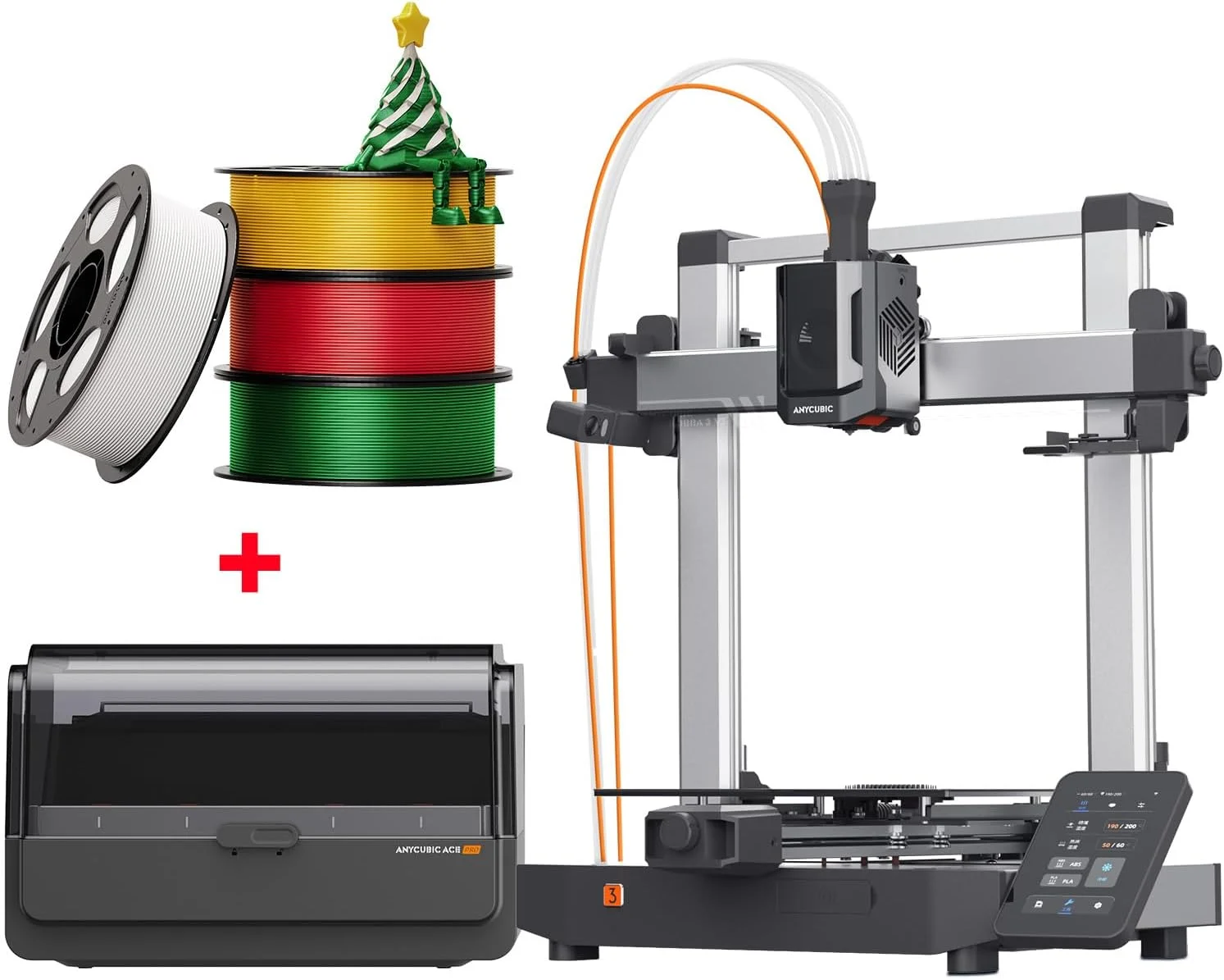 بسته ۴ کیلوگرمی PLA ابریشمی کریسمس ANYCUBIC + پرینتر سه بعدی Anycubic Kobra 3 V2 Combo، چاپ چند رنگ، فیلامنت ابریشمی