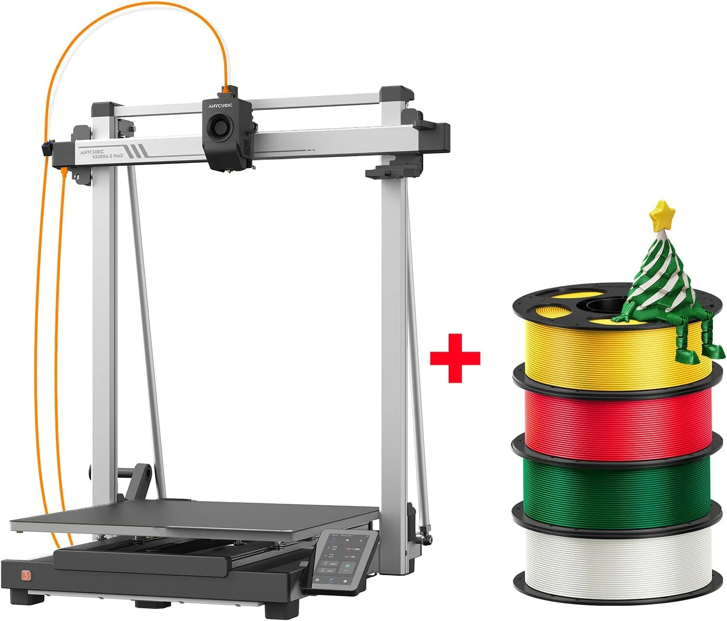 بسته ۴ کیلوگرمی PLA ابریشمی کریسمس ANYCUBIC + پرینتر سه بعدی چند رنگ Anycubic Kobra 3 Max، جعبه آماده، فیلامنت پرینتر سه بعدی