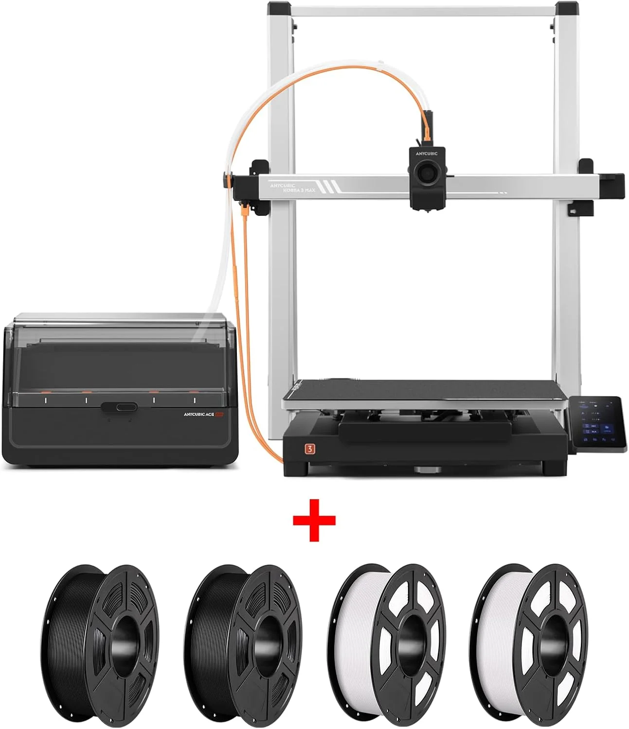 بسته فیلامنت آنیکوبیک 4 کیلوگرمی، پرینتر سه بعدی Anycubic Kobra 3 Max Combo، پشتیبانی از چاپ چند رنگ با سرعت بالا 600 میلی‌متر بر ثانیه + فیلامنت پرینتر سه بعدی PLA آنیکوبیک، 2 بسته مشکی و 2 بسته سفید