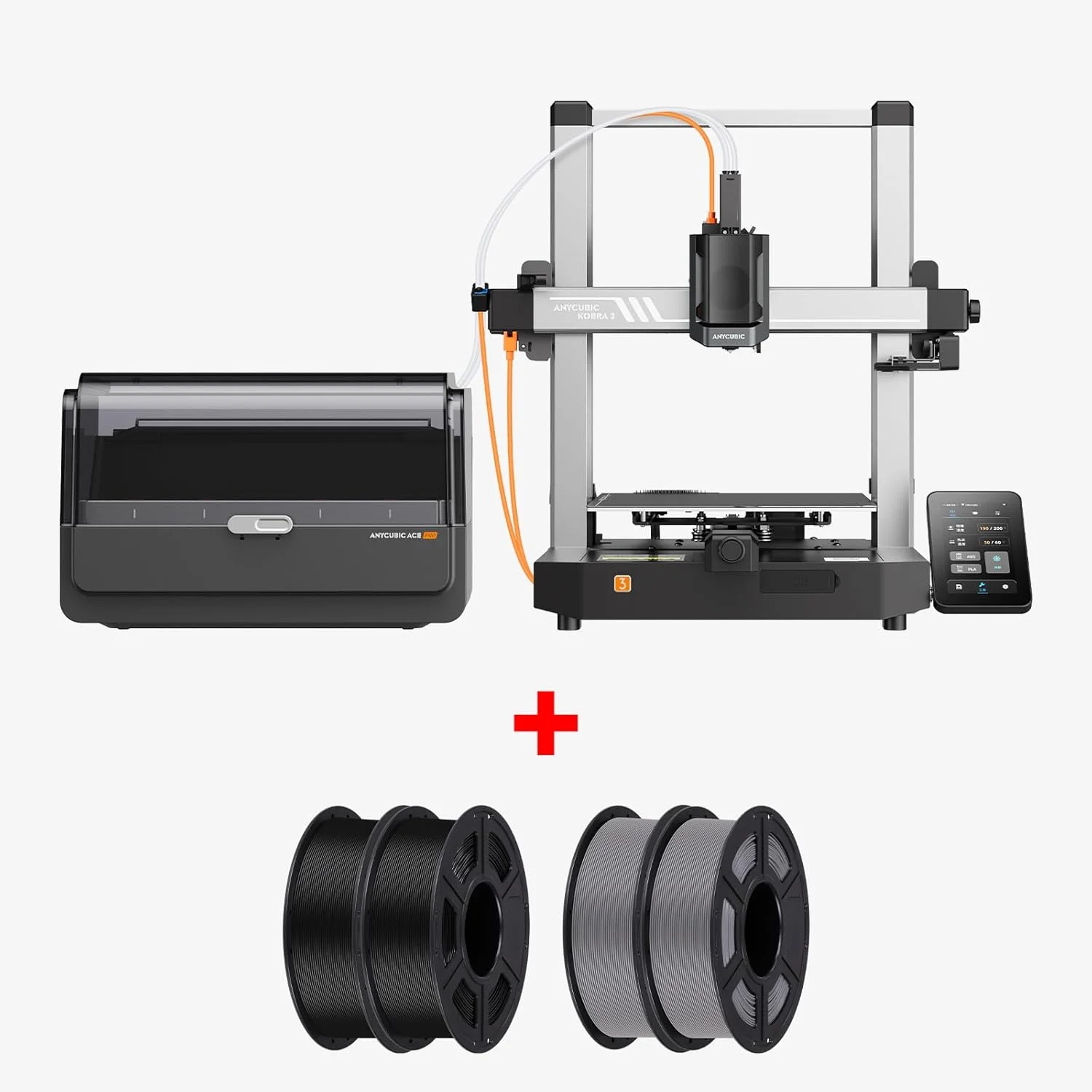 بسته فیلامنت (4 کیلوگرم) Anycubic Kobra 3 V2 Combo چاپگر سه بعدی چند رنگ، حداکثر سرعت 600 میلی متر بر ثانیه صفحه نمایش قابل تنظیم 4.3 اینچی، خشک کردن مداوم فیلامنت، 250x250x260 میلی متر