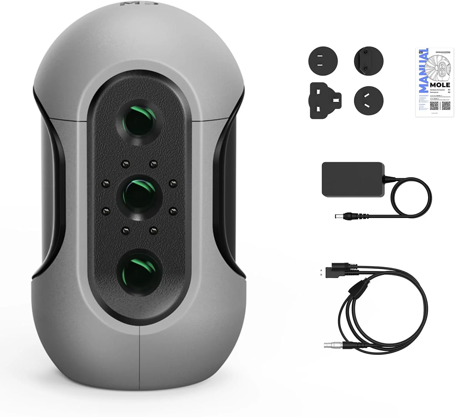 اسکنر سه بعدی دستی Mole برای پرینتر سه بعدی با دقت 0.05 میلی متر و رزولوشن 0.1 میلی متر، اسکن 10 فریم بر ثانیه اشیاء مشکی با لنزهای ضد لرزش، رنگ و بافت واقعی، پورت 15-1500 میلی متر، مدل سه بعدی