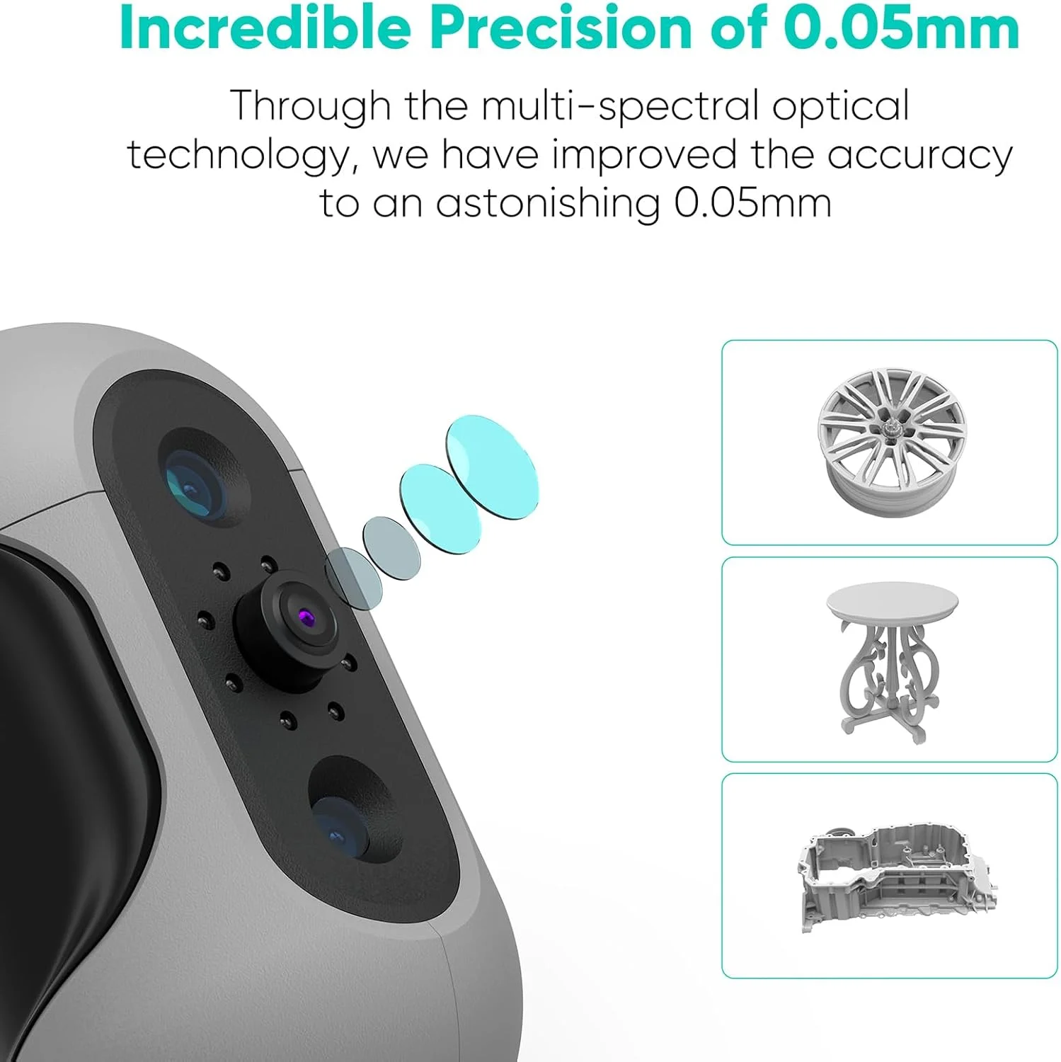 اسکنر سه بعدی دستی Mole برای پرینتر سه بعدی با دقت 0.05 میلی متر و رزولوشن 0.1 میلی متر، اسکن 10 فریم بر ثانیه اشیاء مشکی با لنزهای ضد لرزش، رنگ و بافت واقعی، پورت 15-1500 میلی متر، مدل سه بعدی