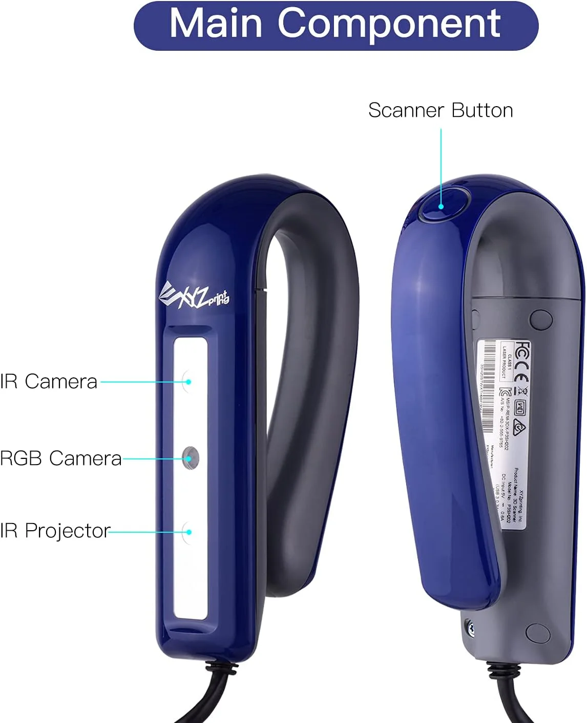 اسکنر سه بعدی تمام رنگی دستی XYZprinting 2.0، اسکنر مدل سازی سه بعدی، پورت USB با دقت بالا، خروجی OBJ/PLY/STL سازگار با ویندوز برای طراحی صنعتی چاپ سه بعدی