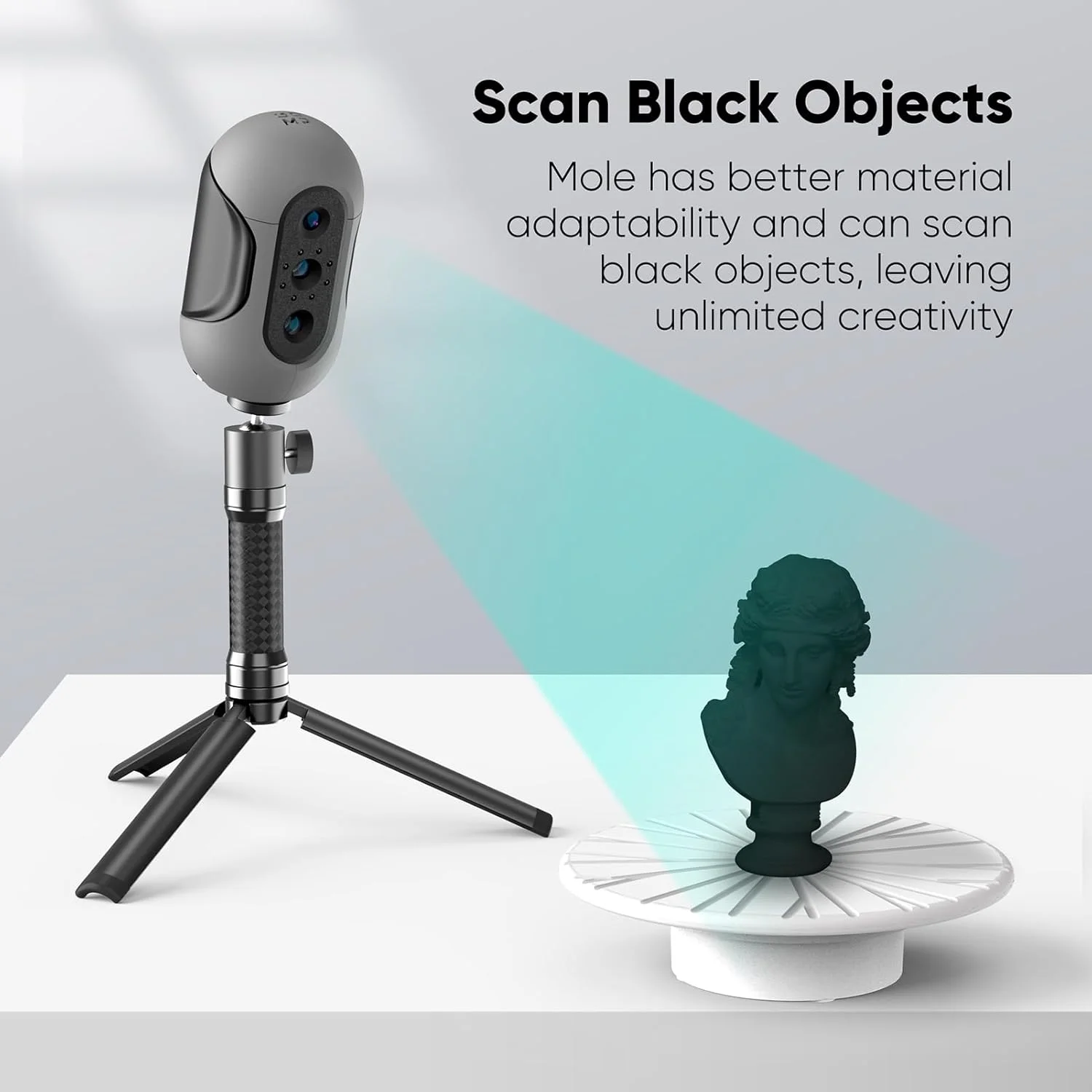 اسکنر سه بعدی دستی Mole برای پرینتر سه بعدی با دقت 0.05 میلی متر و رزولوشن 0.1 میلی متر، اسکن 10 فریم بر ثانیه اشیاء مشکی با لنزهای ضد لرزش، رنگ و بافت واقعی، پورت 15-1500 میلی متر، مدل سه بعدی