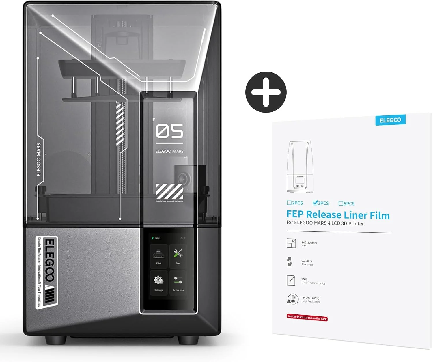 پرینتر سه بعدی رزینی ELEGOO Mars 5 Ultra 9K MSLA و فیلم رهاساز FEP سه عددی ELEGOO