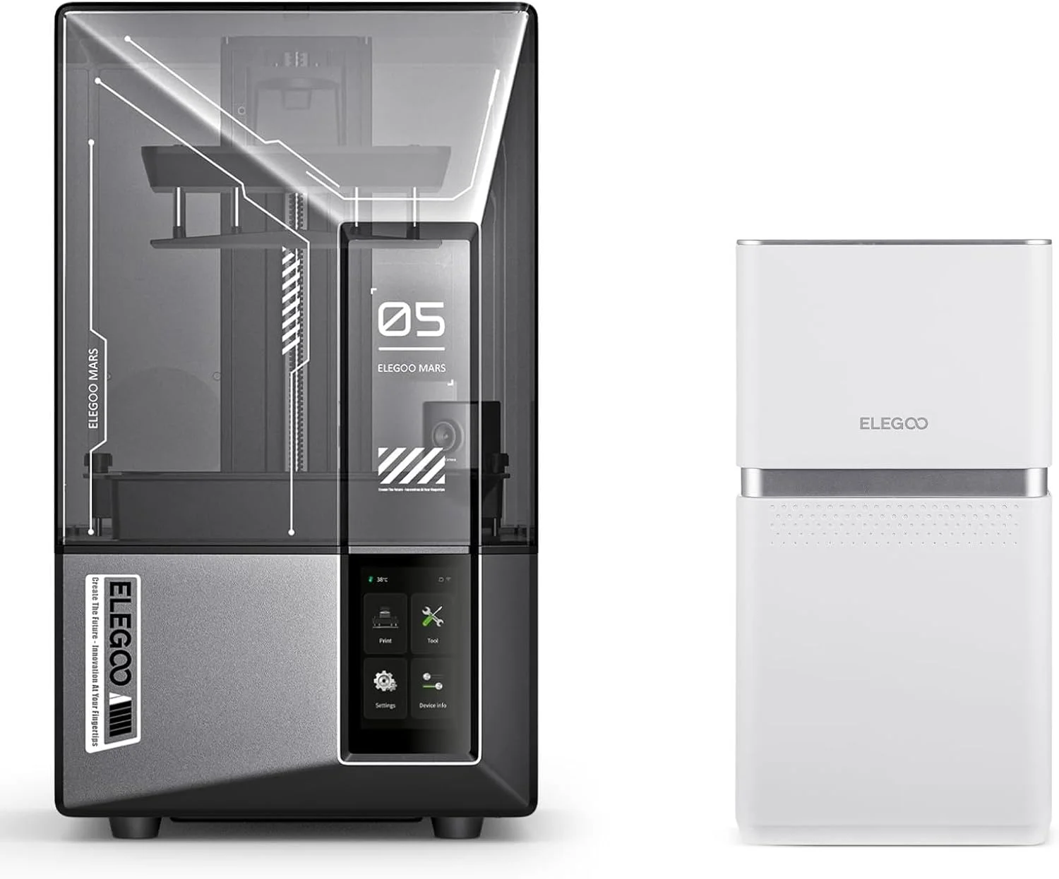 پرینتر سه بعدی رزینی ELEGOO Mars 5 Ultra 9K MSLA و دستگاه تصفیه هوا ELEGOO Mars Mate