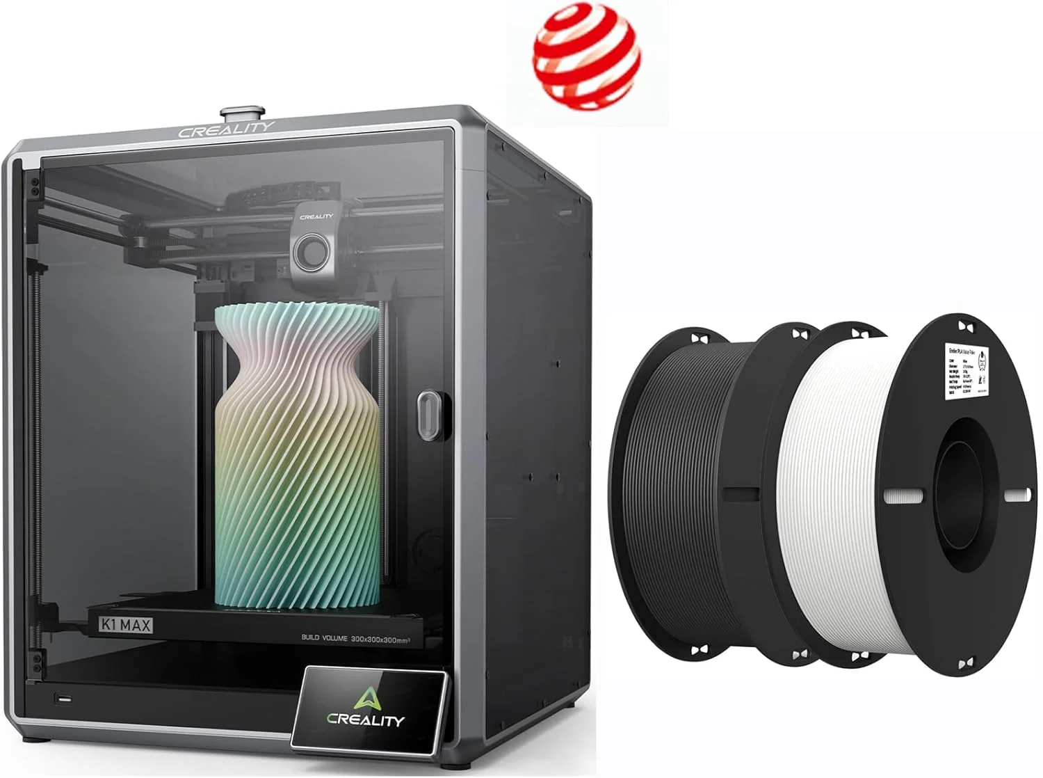 پرینتر سه بعدی کرالیتی مدل K1 Max، بسته پرینترهای سه بعدی با حداکثر سرعت 600 میلی متر بر ثانیه به همراه فیلامنت PLA مشکی و سفید